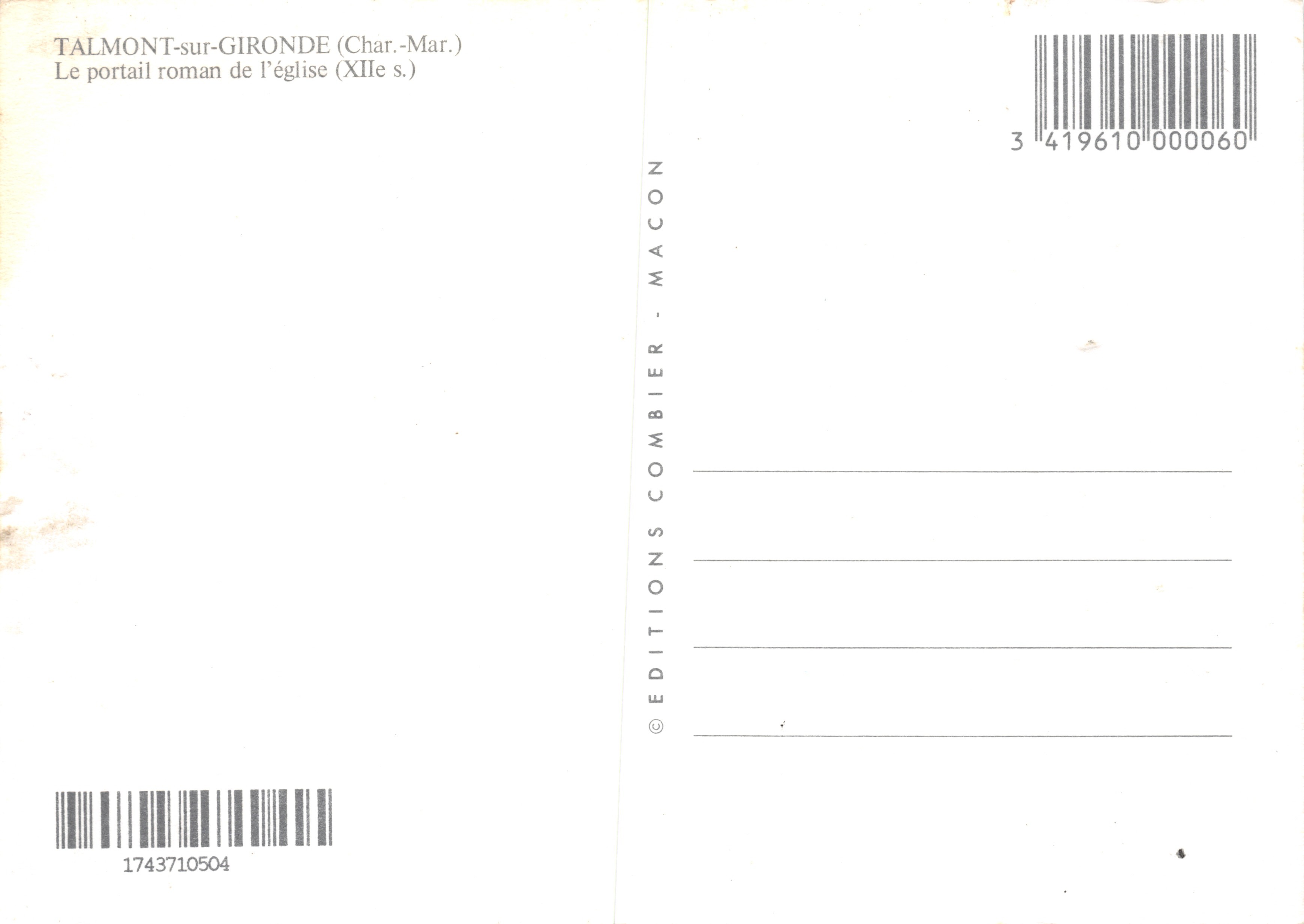 Talmont — Portale romanico della chiesa — Éditions Combier - Macon — Verso