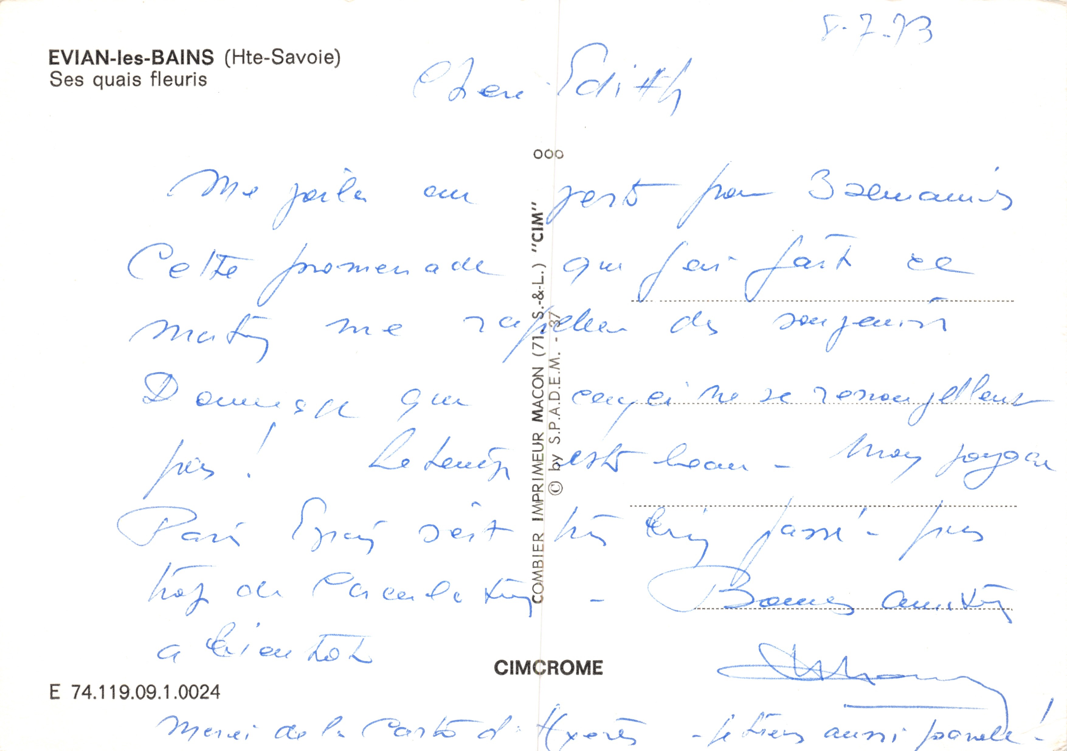Évian-les-Bains — Ses quais fleuris — Imprimeur CIMBRE (77) S.&L. n° E 74.119.09.1.0024 — Verso