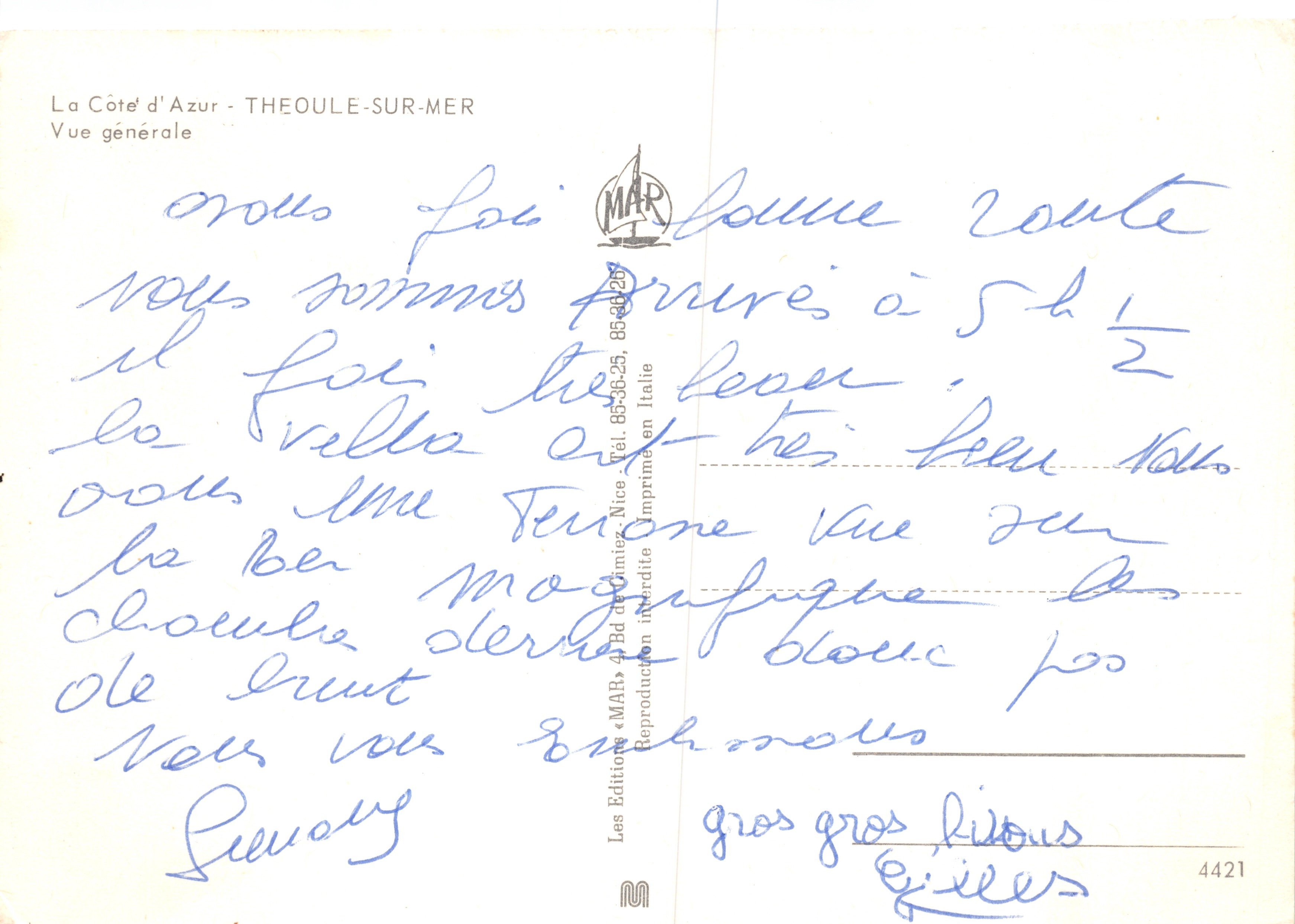 Théoule-sur-Mer — gerahmte allgemeine Ansicht mit roten Blumen — Éditions MAR, n°4421 — Rückseite