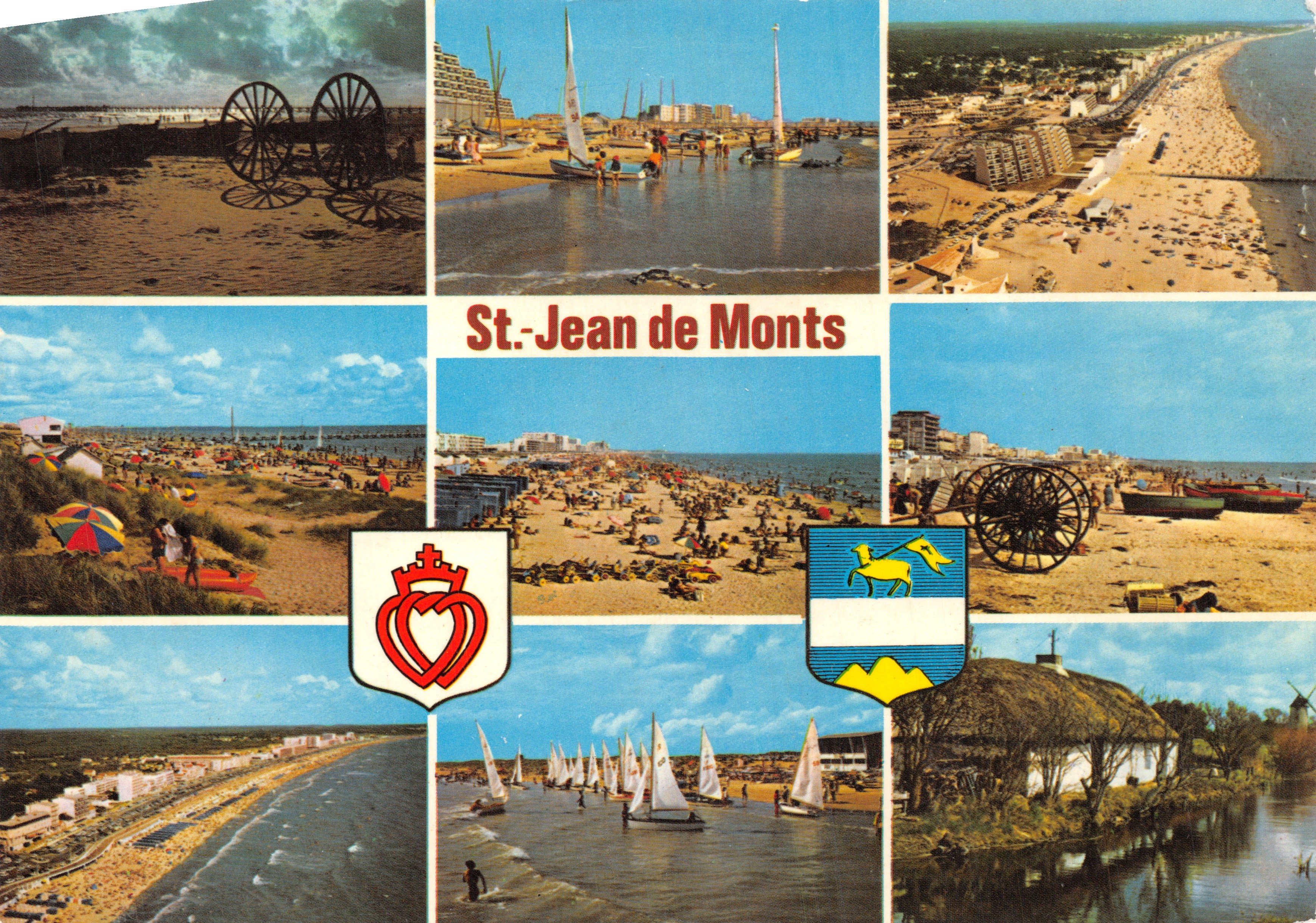 St.-Jean de Monts — vue panoramique de la plage, des voiliers et des roues de charrette — éditeur LA VENDEE TOURISTIQUE