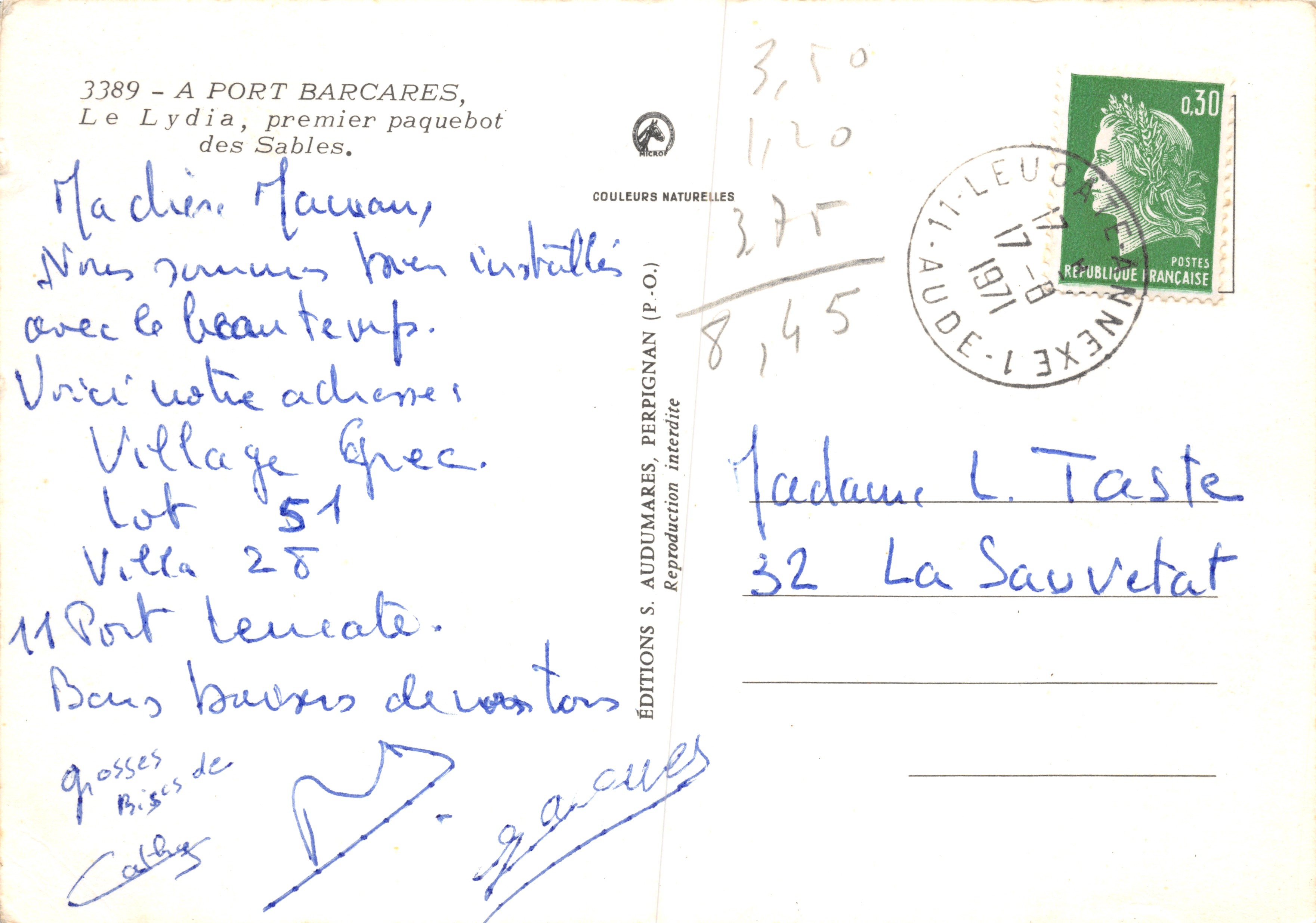 Le Lydia — premier paquebot des Sables — éditeur ÉDITIONS S. AUDUMARES, PERPIGNAN (P.O.) — Reverso