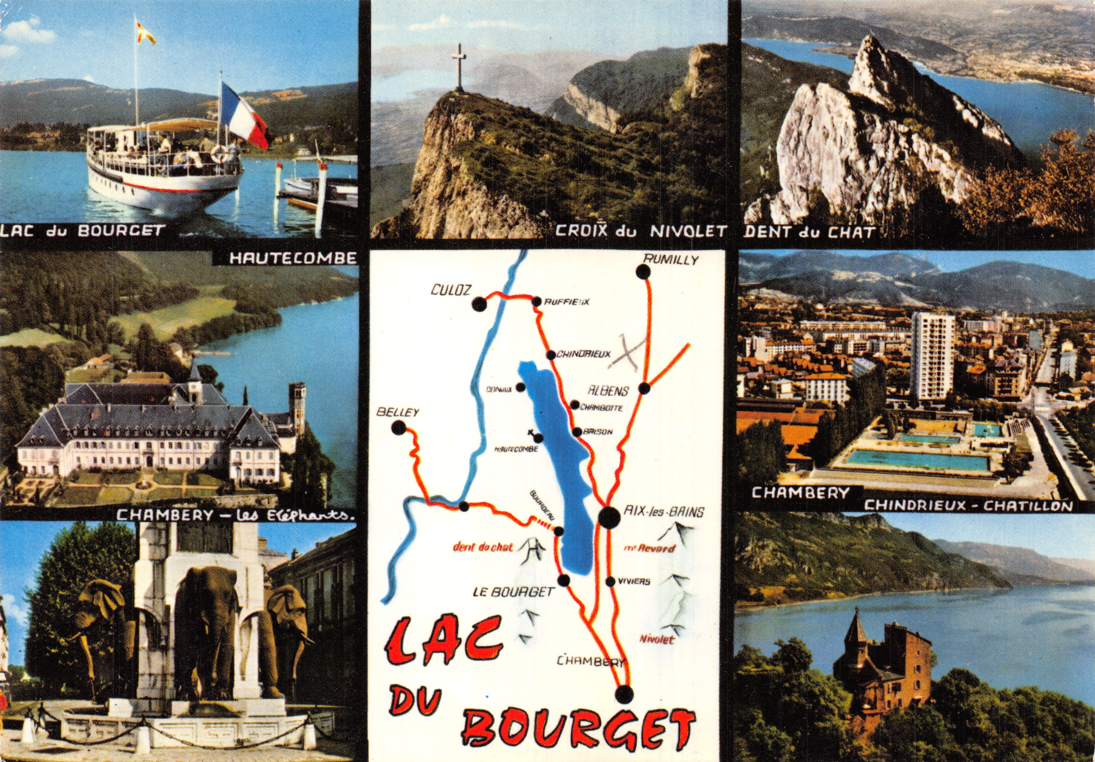 Lago Bourget — vista panorámica con mapa y lugares — Éditions CELLARD
