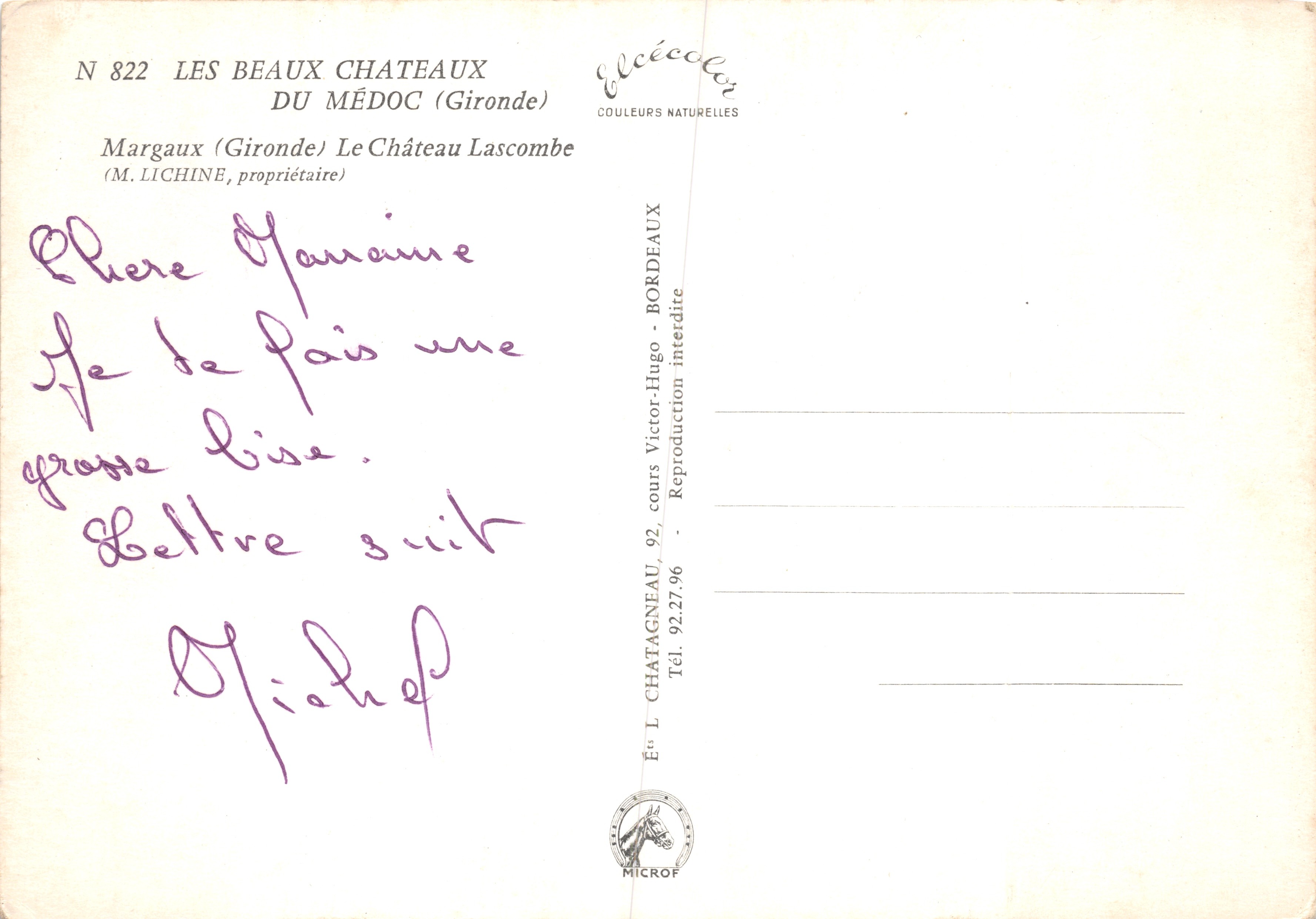 Le Château Lascombe — Margaux (Gironde) — Éditeur Elcée, N° 822 — Reverso