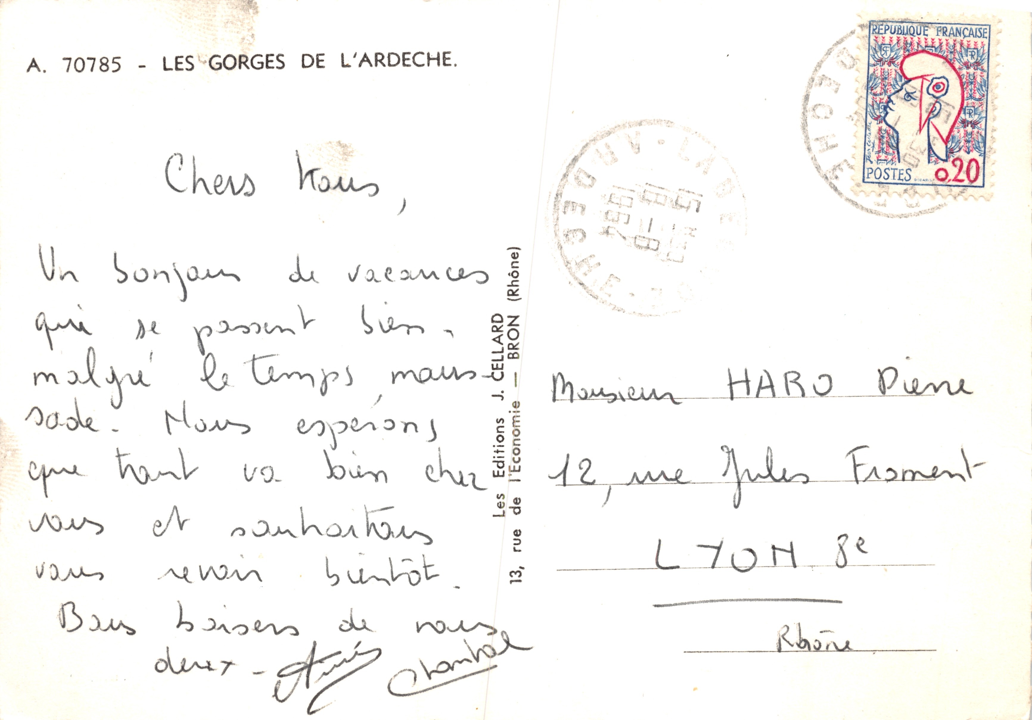 Las GORGES de la ARDECHE — Roca de Madeleine Catedral, Puente de Salavas, Iglesia de Chameze, etc. — Les Éditions J. CELLARD — BRON (Rhône) — Reverso