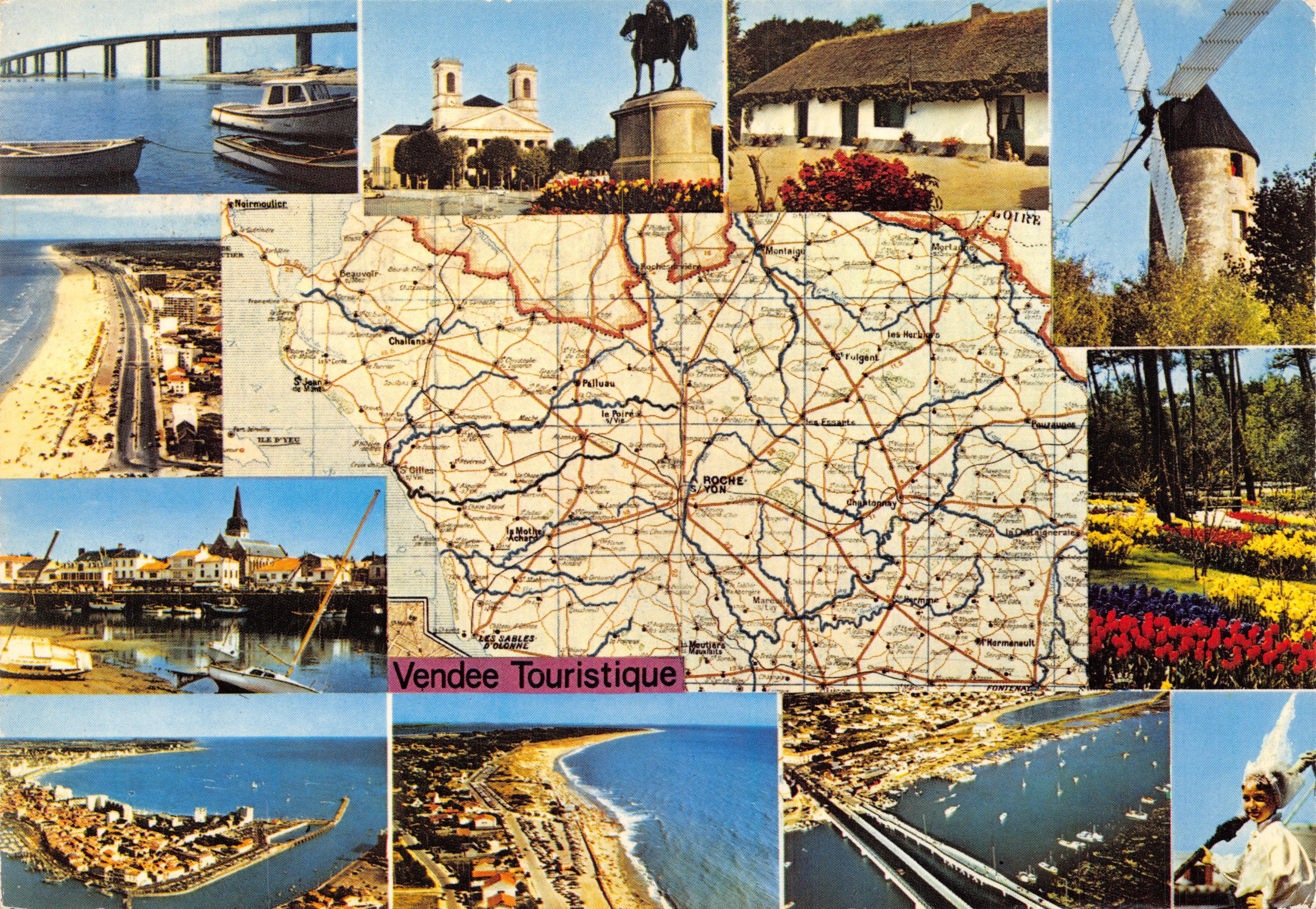 Guía turística de Vendée — tarjeta postal panorámica con mapa de carreteras y lugares emblemáticos — Éditions La Vendée Touristique