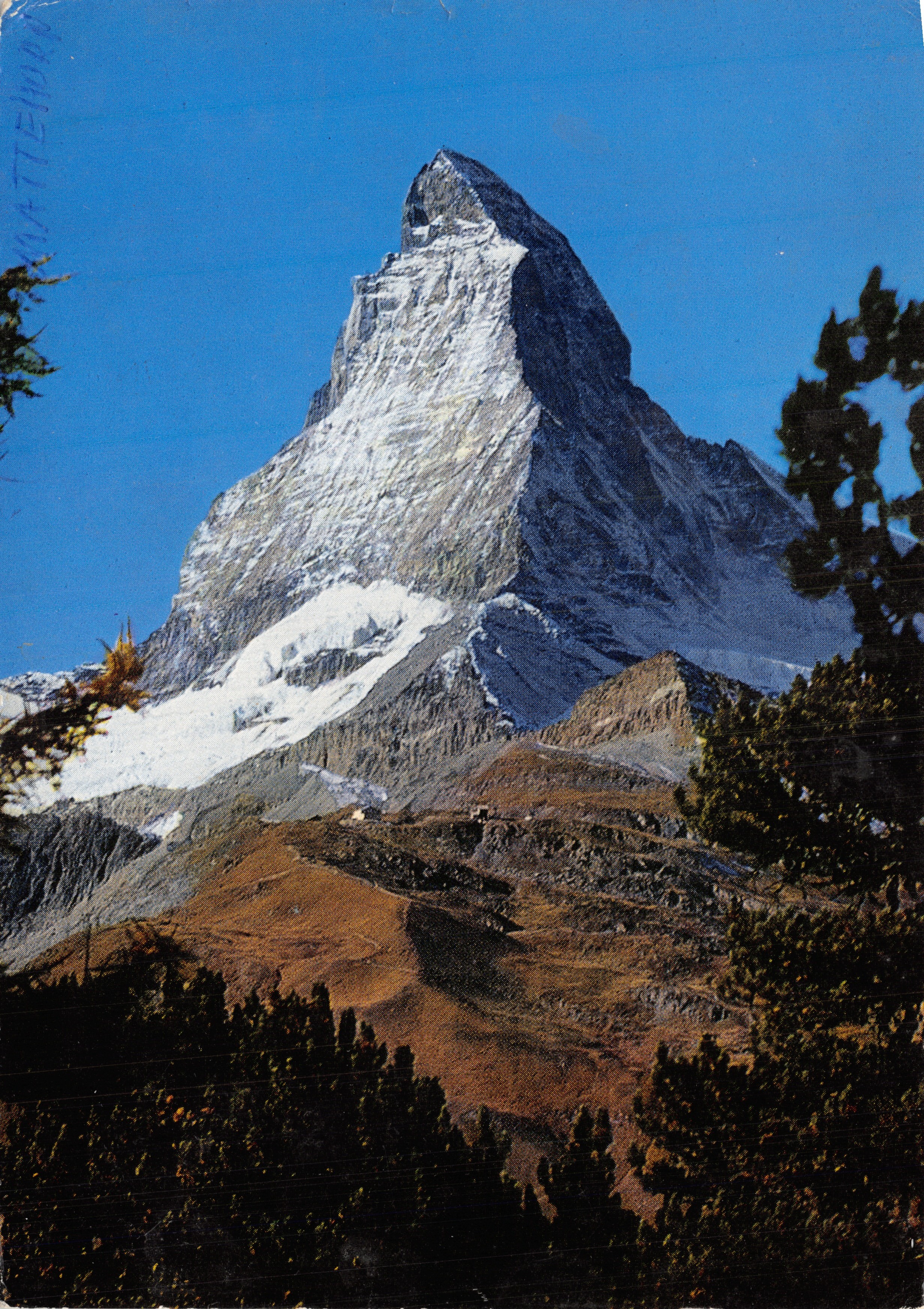 Matterhorn — cima nevada vista desde las laderas — editor Postkartenverlag H. Meier, Thun, n.º 1239
