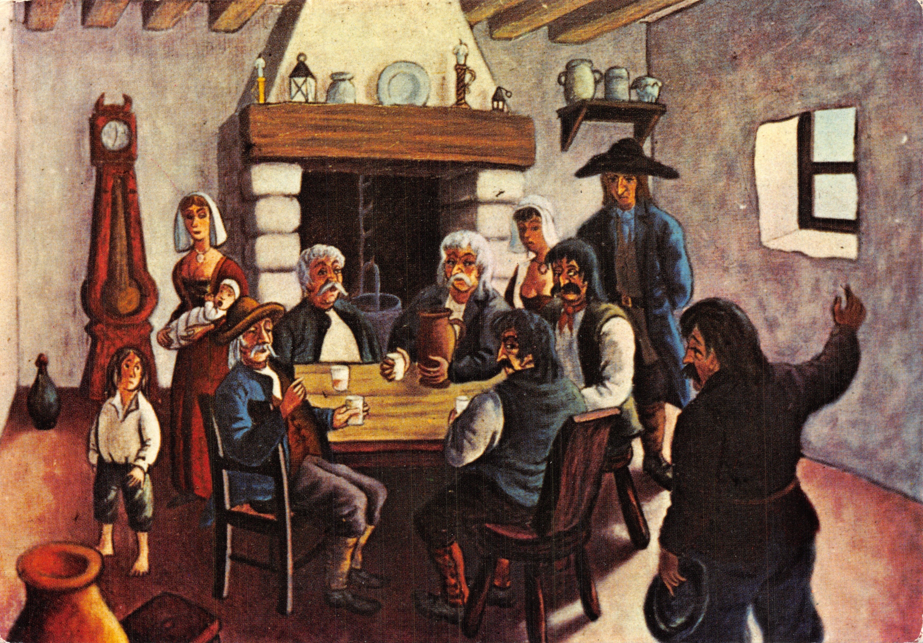 Interior rústico — escena de grupo alrededor de una mesa — editor OTSET COLOR ADIA, n.º 06
