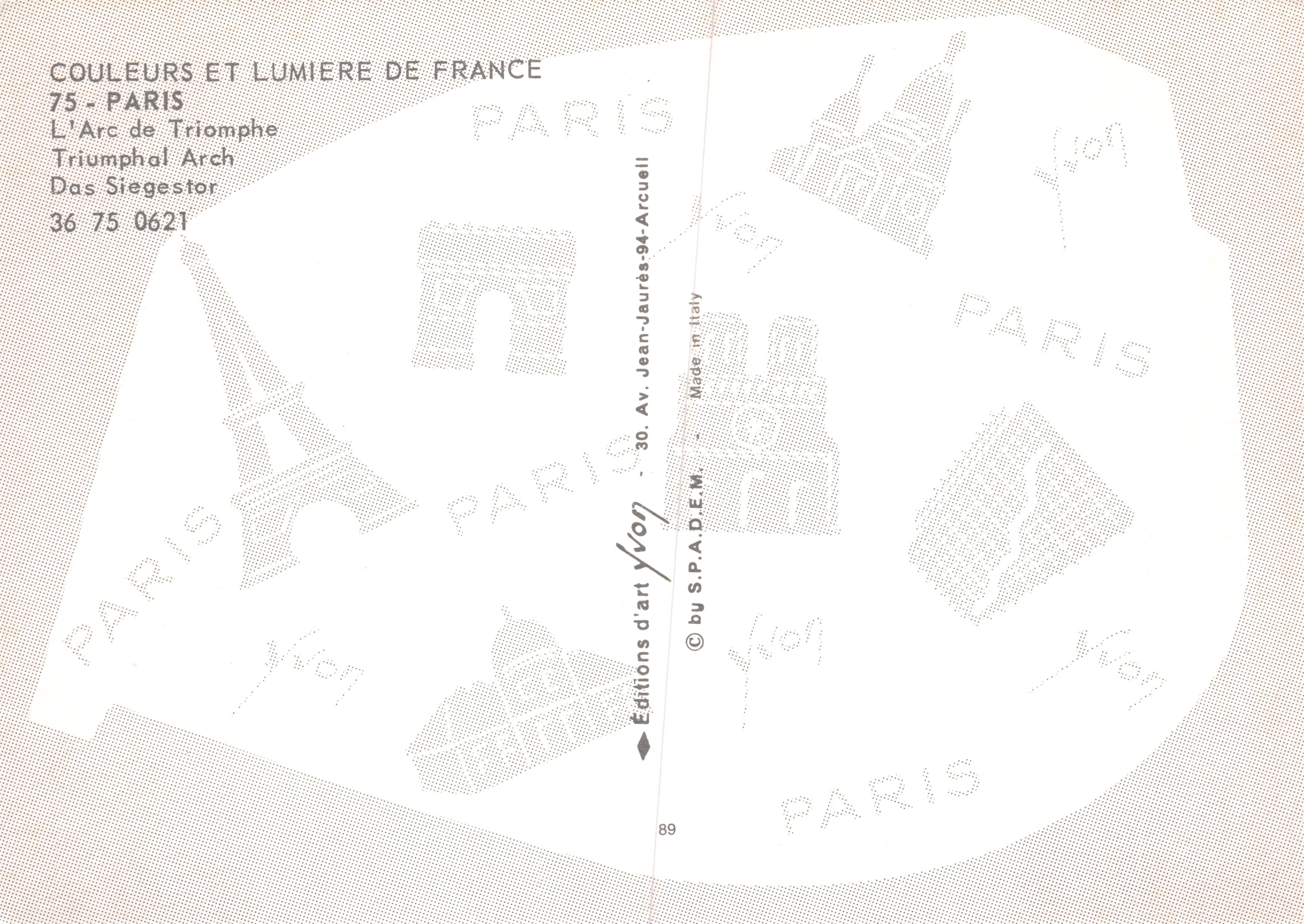 Arc de Triomphe — nacht verlicht met driekleurige straal — uitgever Yvon, n° 36 75 0621 — Achterkant