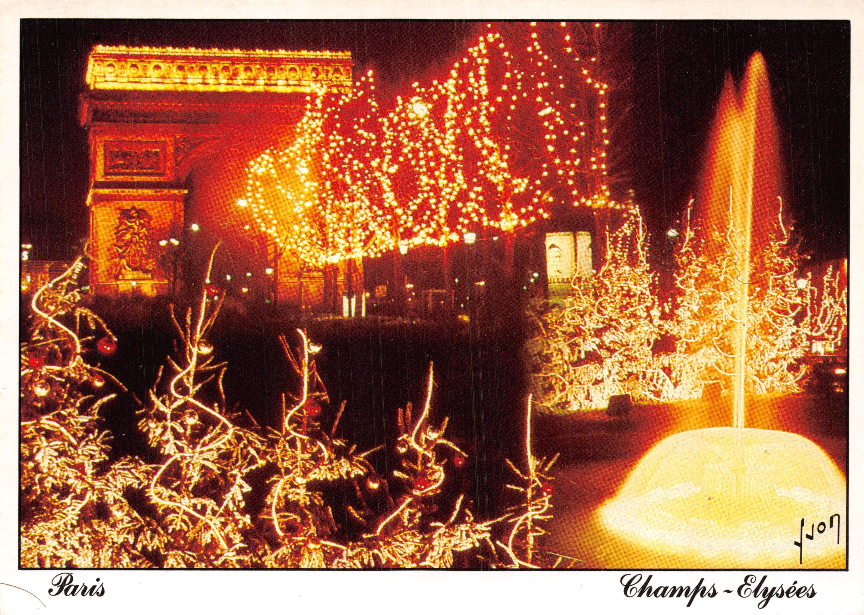 Paris - Champs-Élysées — Weihnachtsdeko mit beleuchtetem Triumphbogen und Brunnen — Verlag Yvon