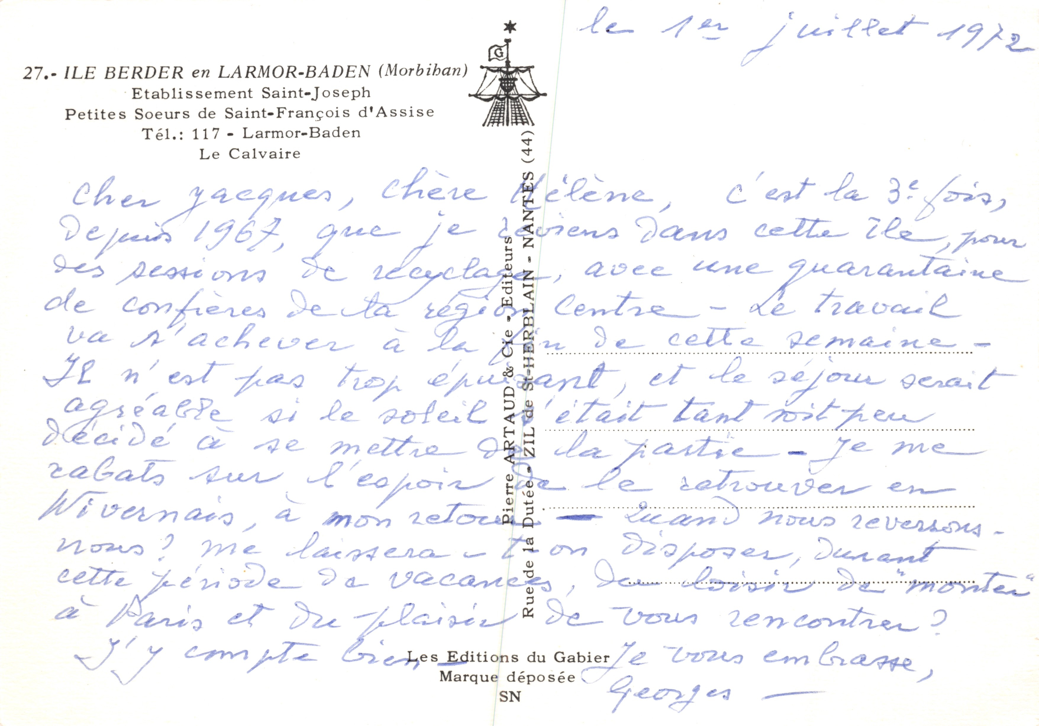 Ile Berder — Cruz de piedra al borde del agua — Éditions Pierre Duté & Cie — Reverso