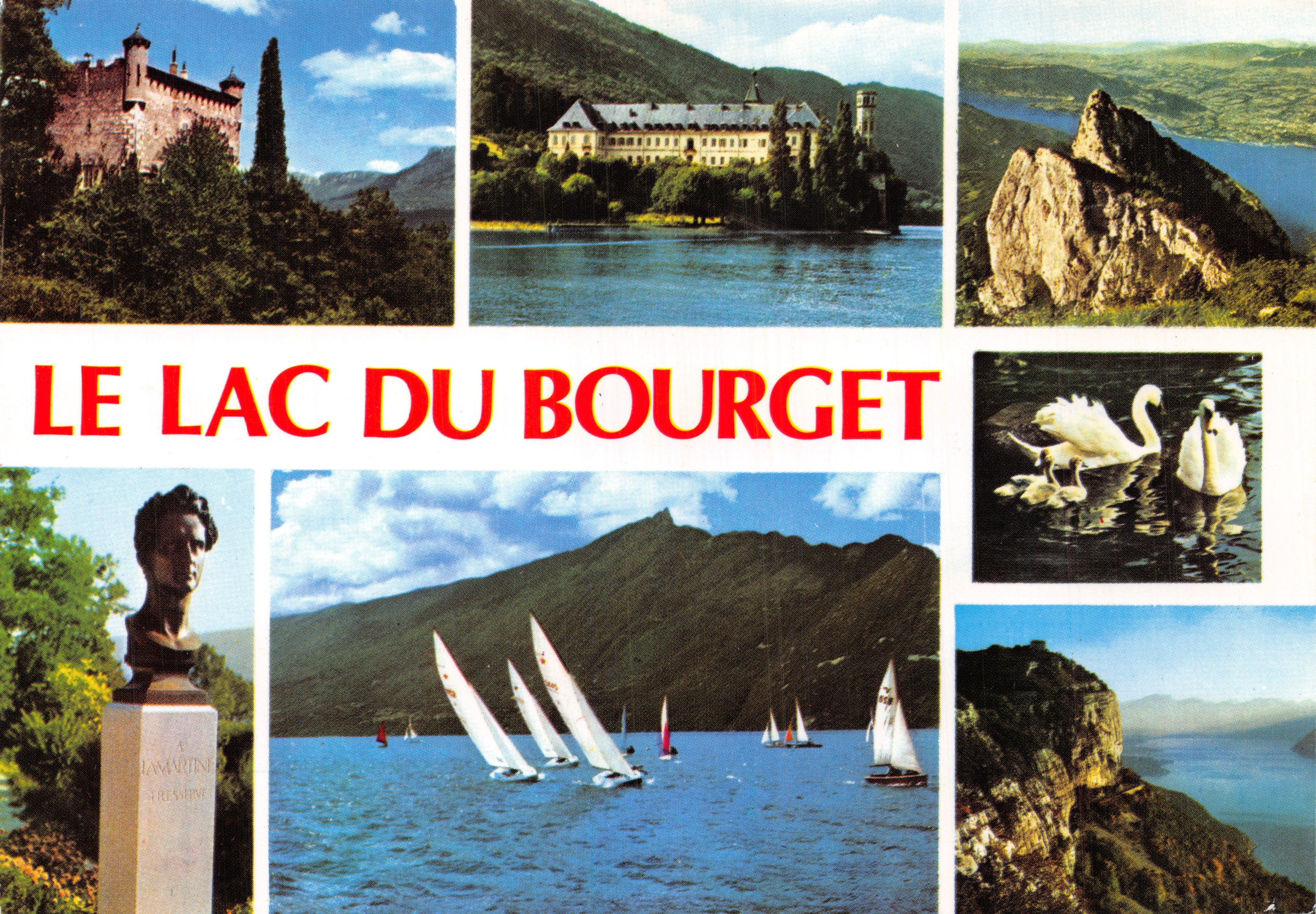 Zee Bourget — panoramisch uitzicht met kasteel, abdij, cipres, zwanen en zeilboten — Les Éditions DOLE