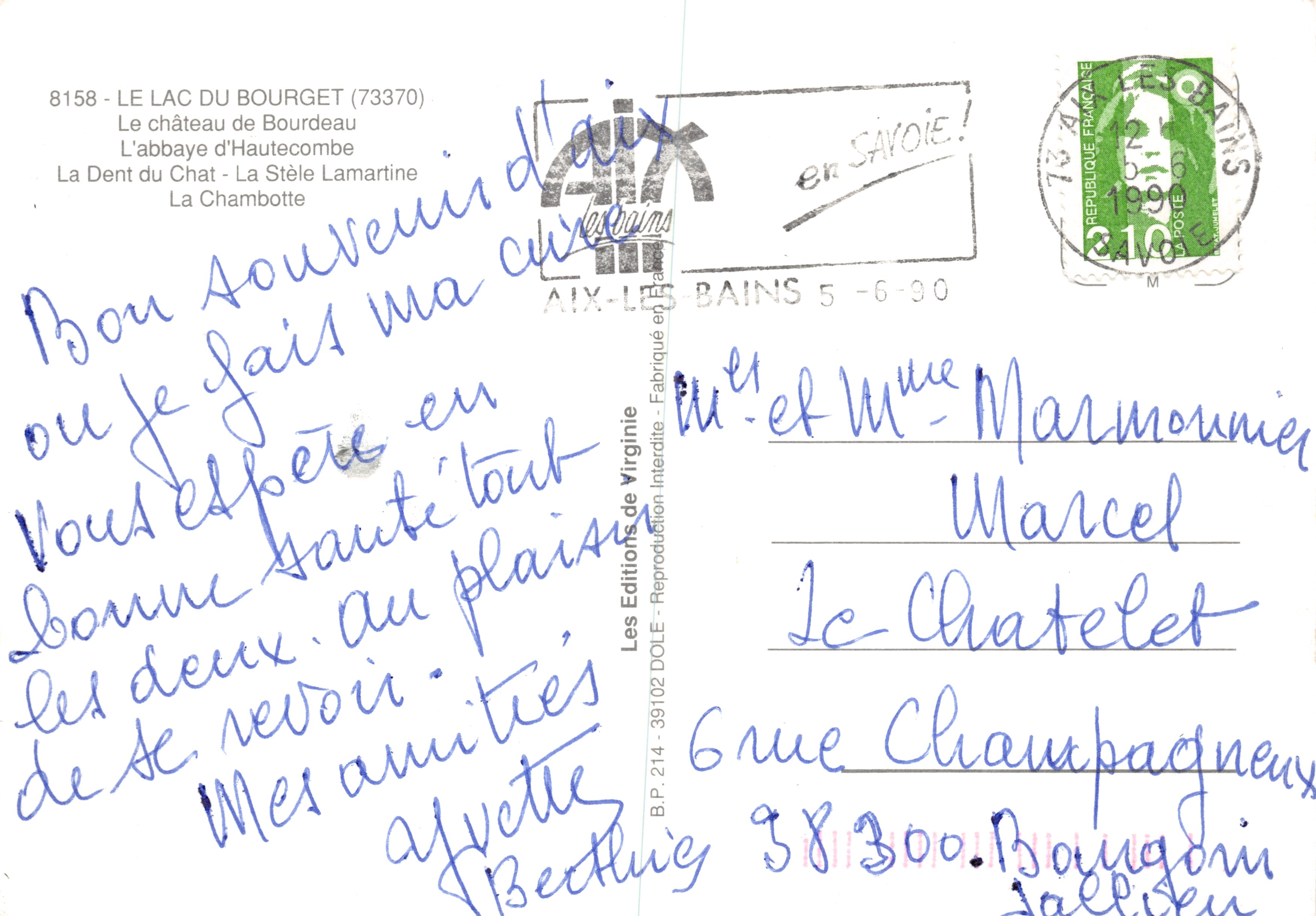 Zee Bourget — panoramisch uitzicht met kasteel, abdij, cipres, zwanen en zeilboten — Les Éditions DOLE — Achterkant