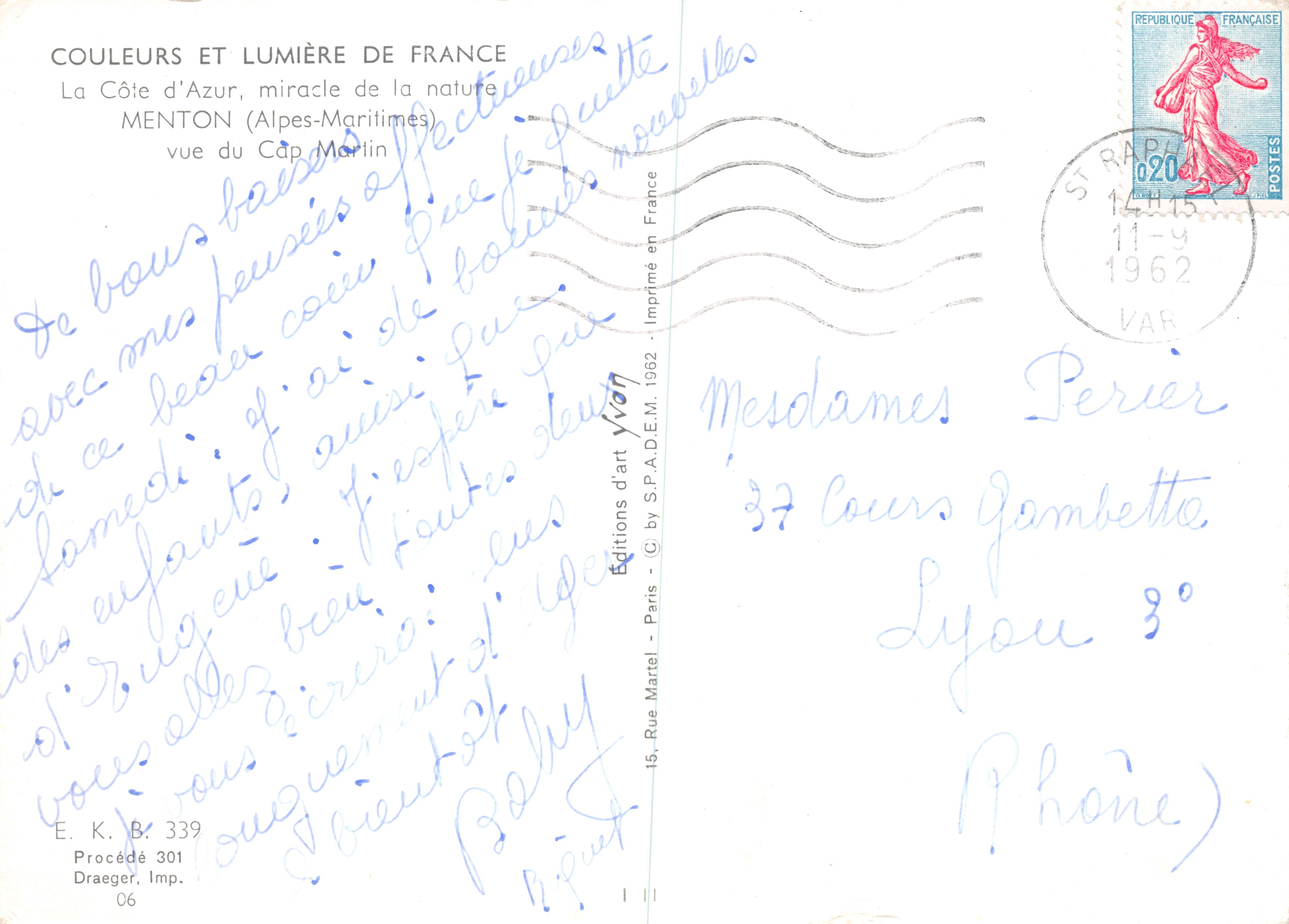Cap Martin — Ansicht des Cap Martin — Éditions d'art S.P.A.D.E.M. 1962 — Rückseite