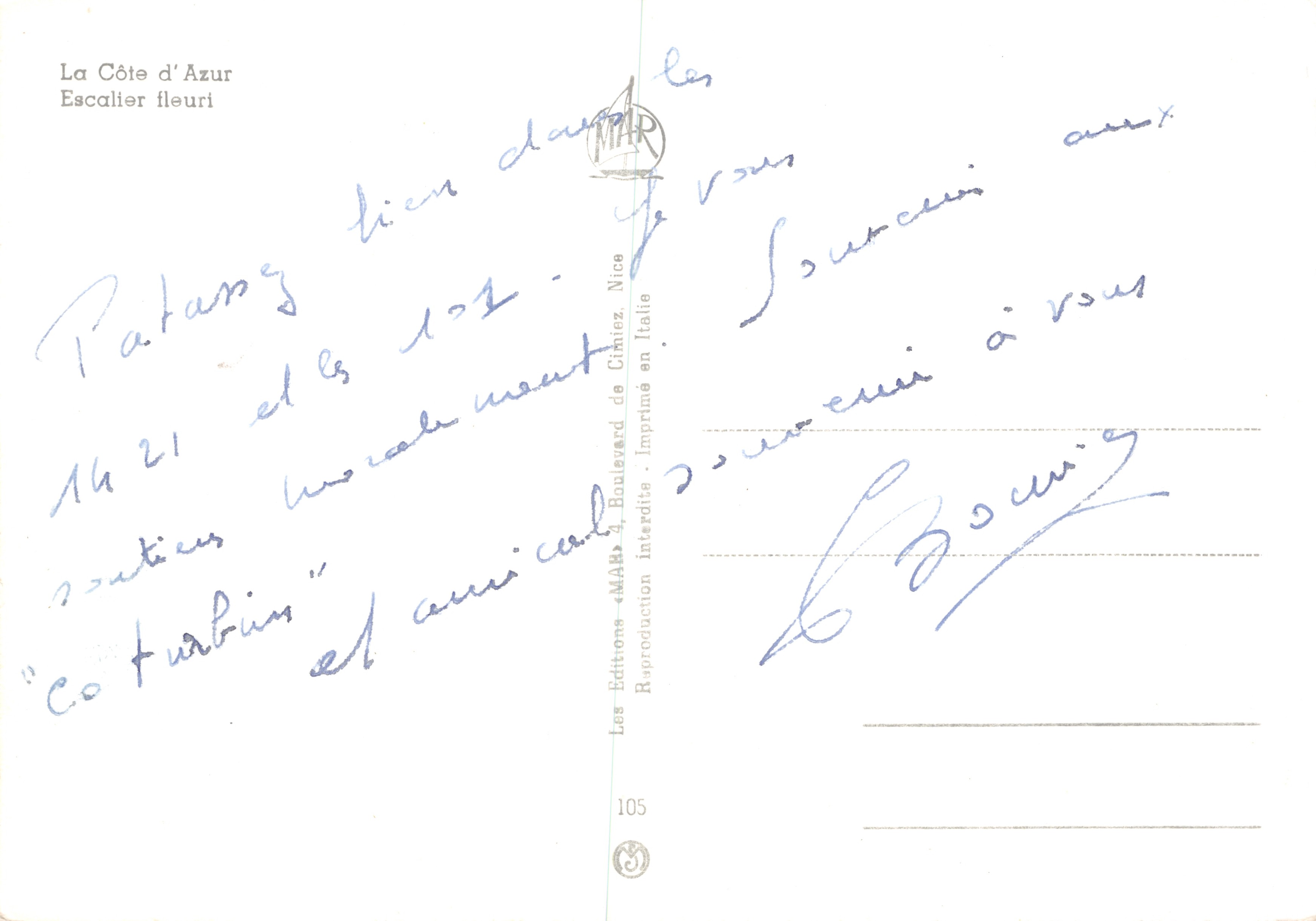 Floral Staircase — view of a stone staircase bordered by purple flowers — Éditions « AAB » — Back