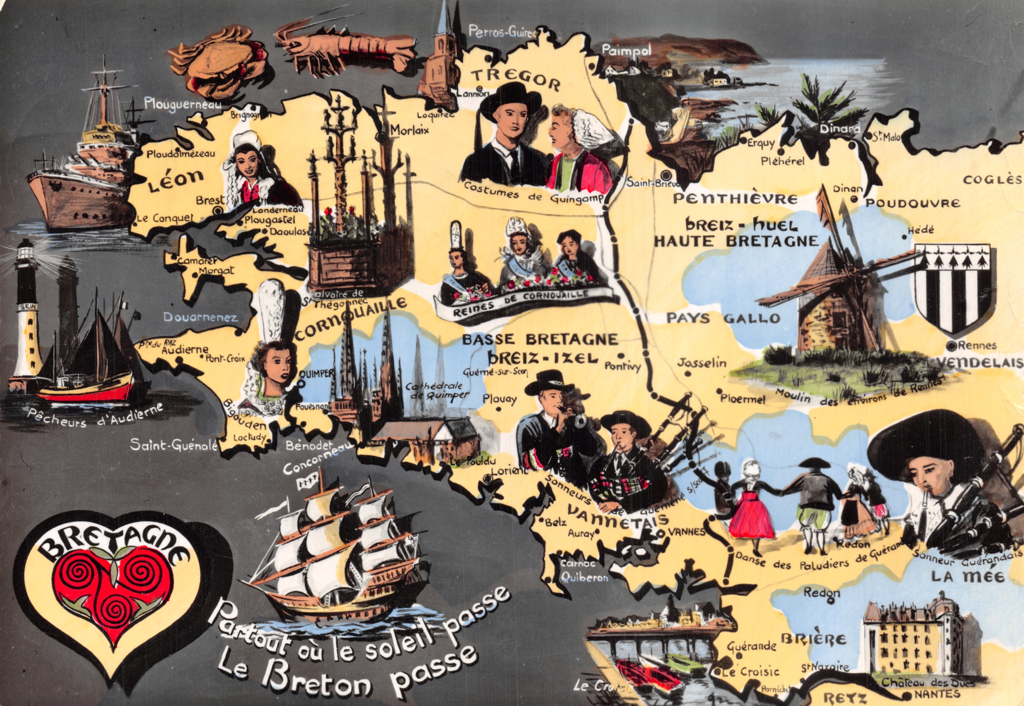 Bretagne — carte postale illustrée avec sites et costumes régionaux — Les Editions Audierne, n°1196