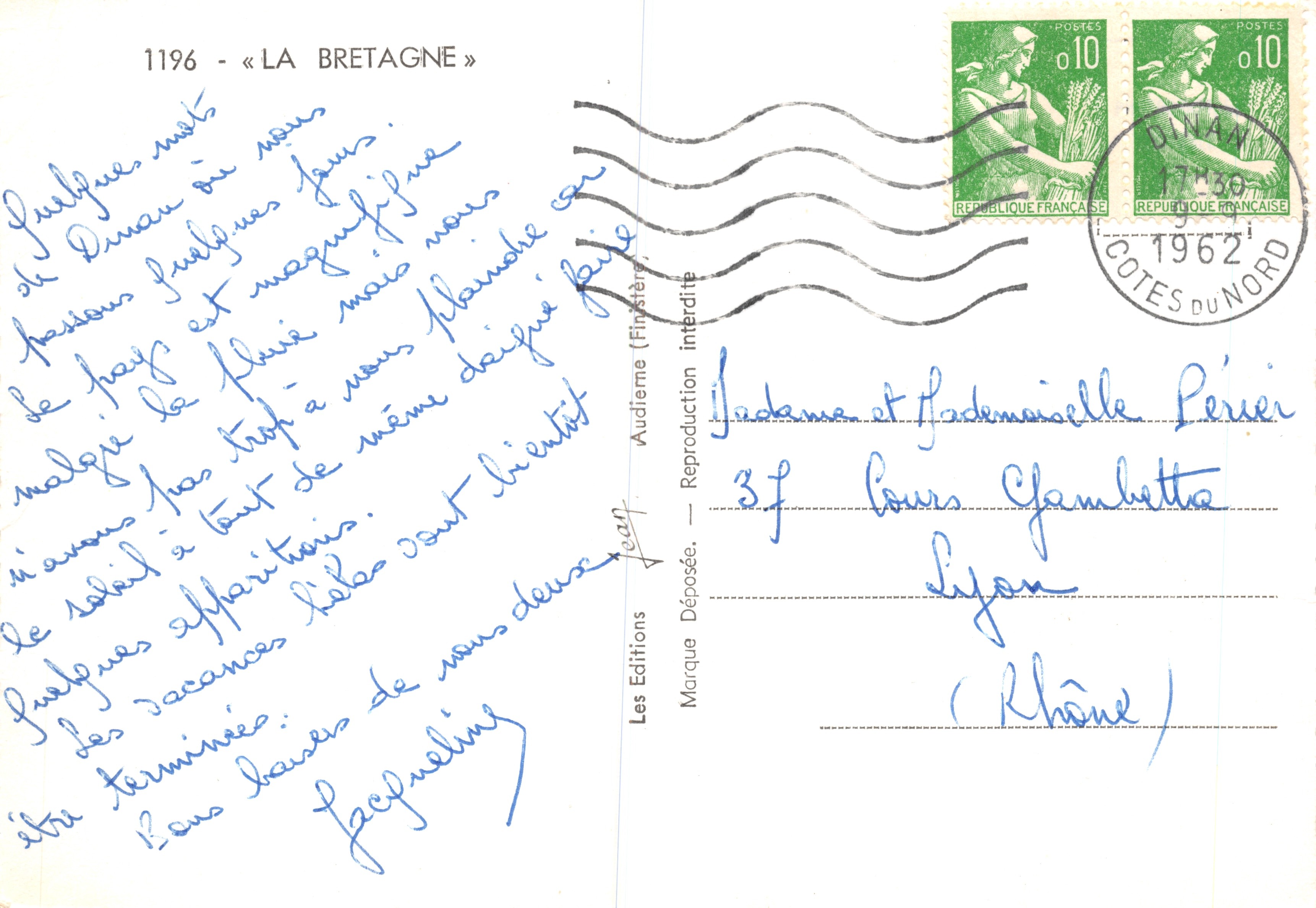 Bretagne — carte postale illustrée avec sites et costumes régionaux — Les Editions Audierne, n°1196 — Verso