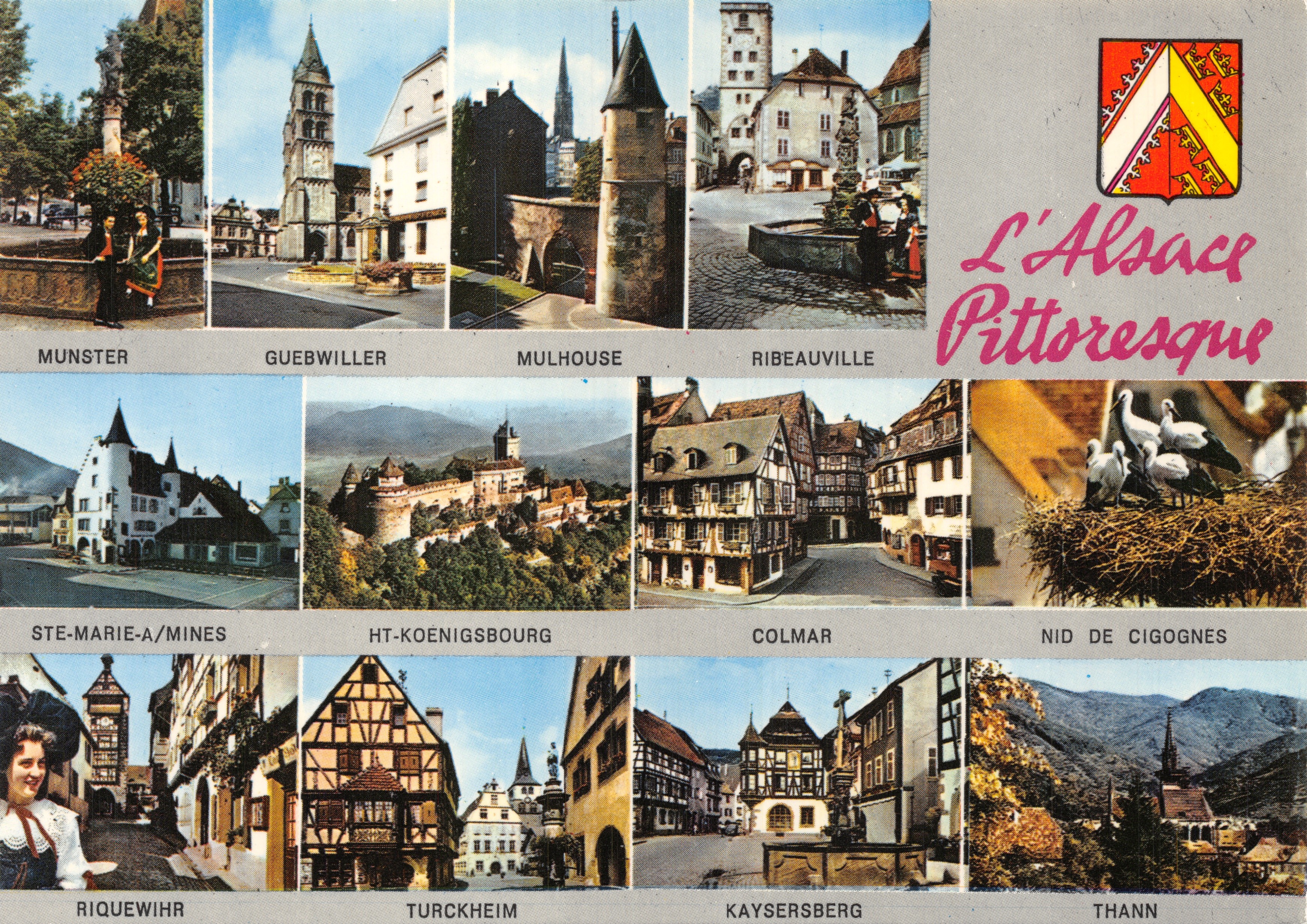L'Alsace Pittoresque — vue panoramique de Munster, Guebwiller, Mulhouse, Ribeauvillé, Ste-Marie-a-Mines, Ht-Koenigsbourg, Colmar, Nid de cigognes, Riquewihr, Turckheim, Kaysersberg, Thann — éditeur Éditions La Cigogne