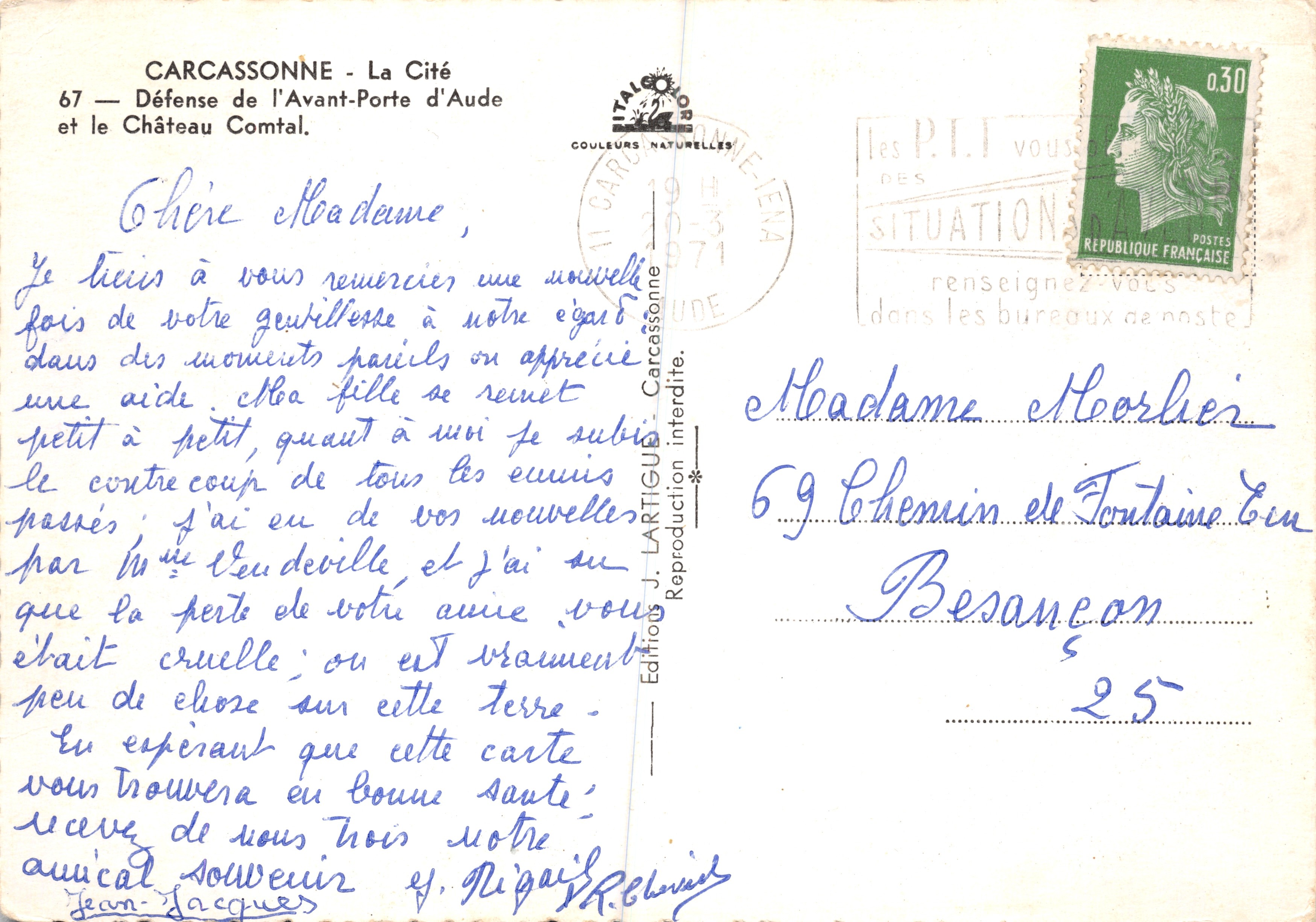Carcassonne — La Ciudad — Defensa de la Puerta delantero de Aude y el Castillo Comtal — Edición J. LARTIGUE — Reverso