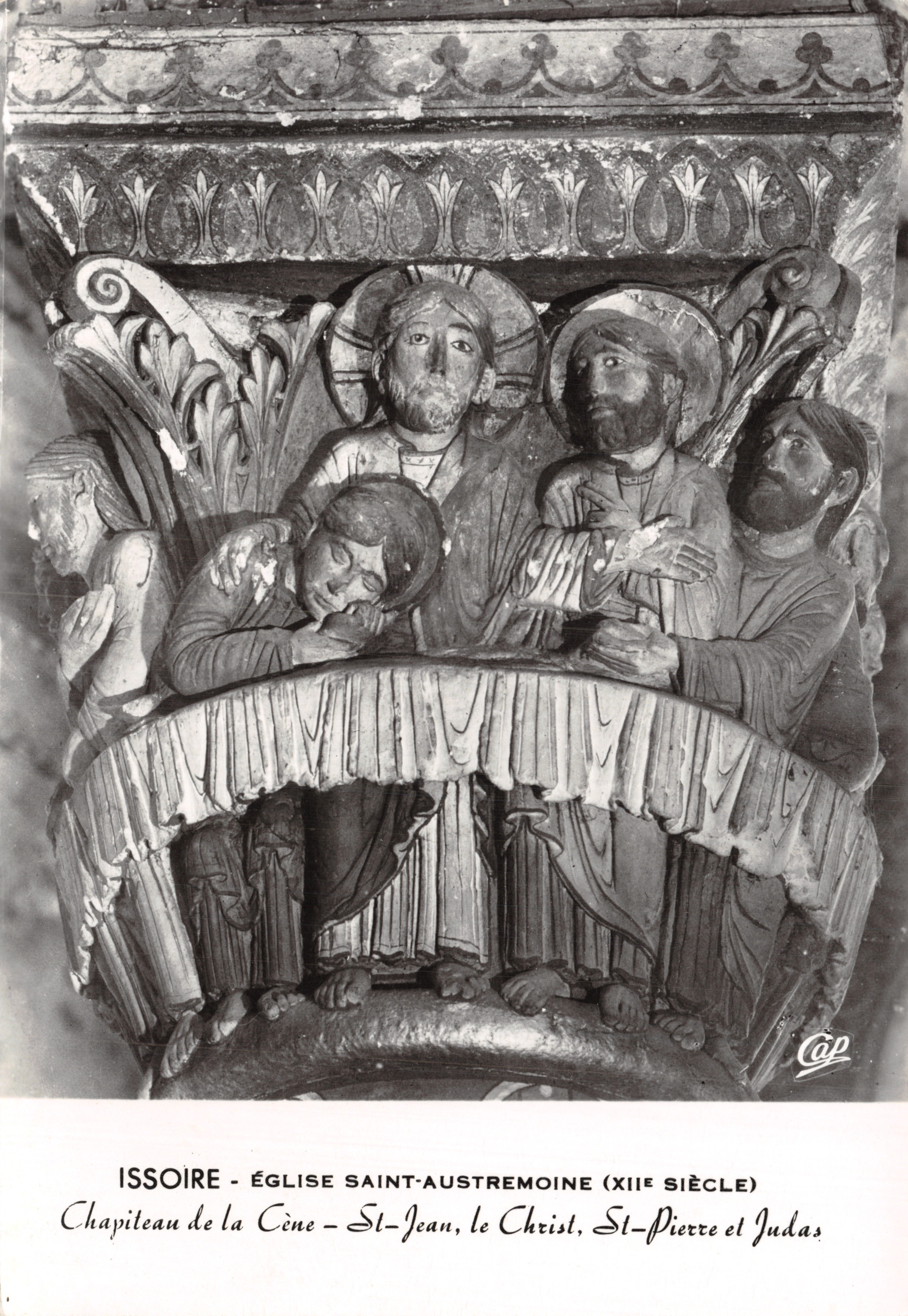 Issoire - Kerk Saint-Austremoine (XIIe eeuw) — Kapitelschoen van de Laatste Avondmaal, scène van de Laatste Avondmaal met Jezus, Petrus en Judas, uitgever C.A.P