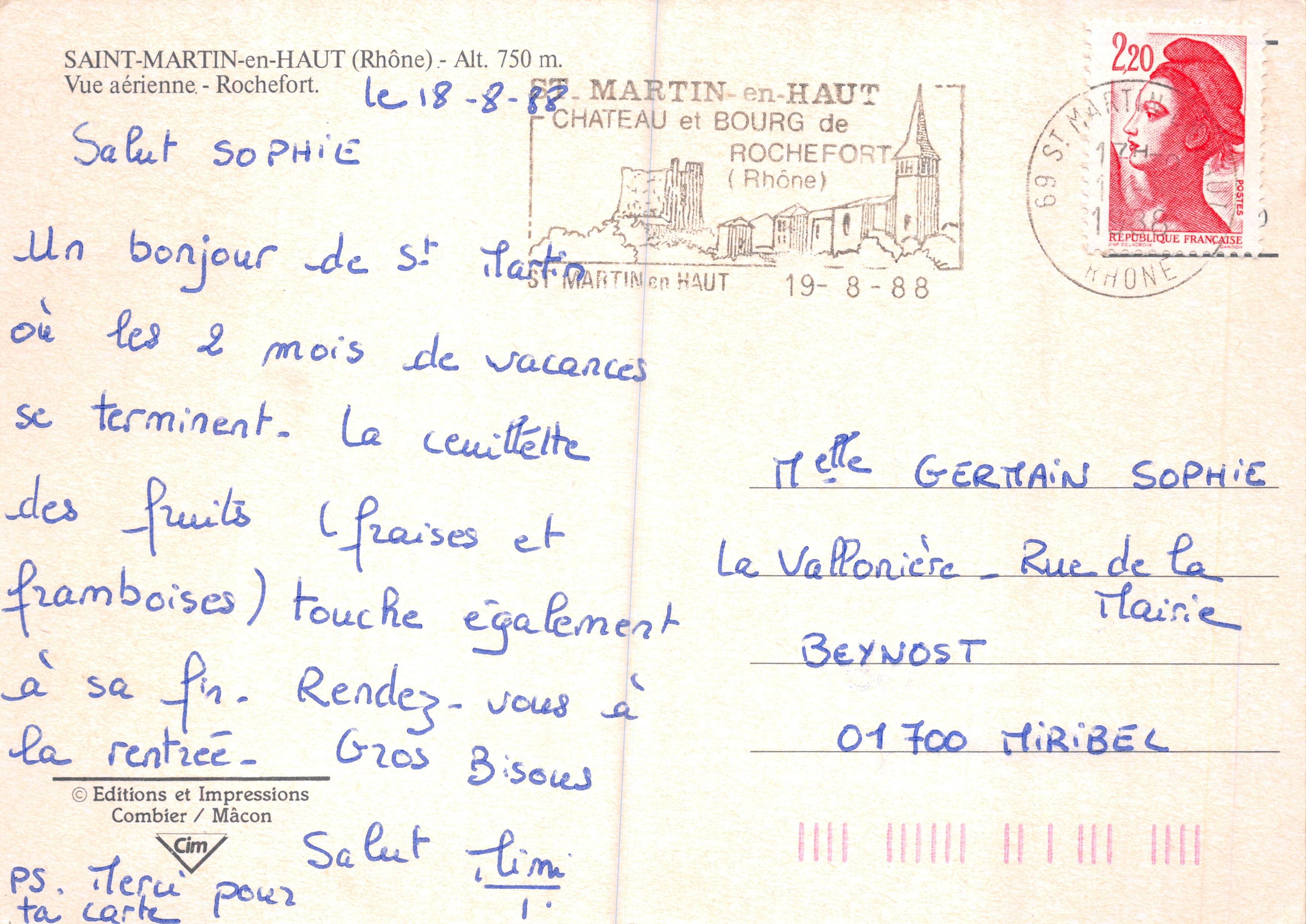 Saint-Martin-En-Haut — vista aerea del castello e del paese di Rochefort — Éditions et Impressions Combier / Mâcon — Verso