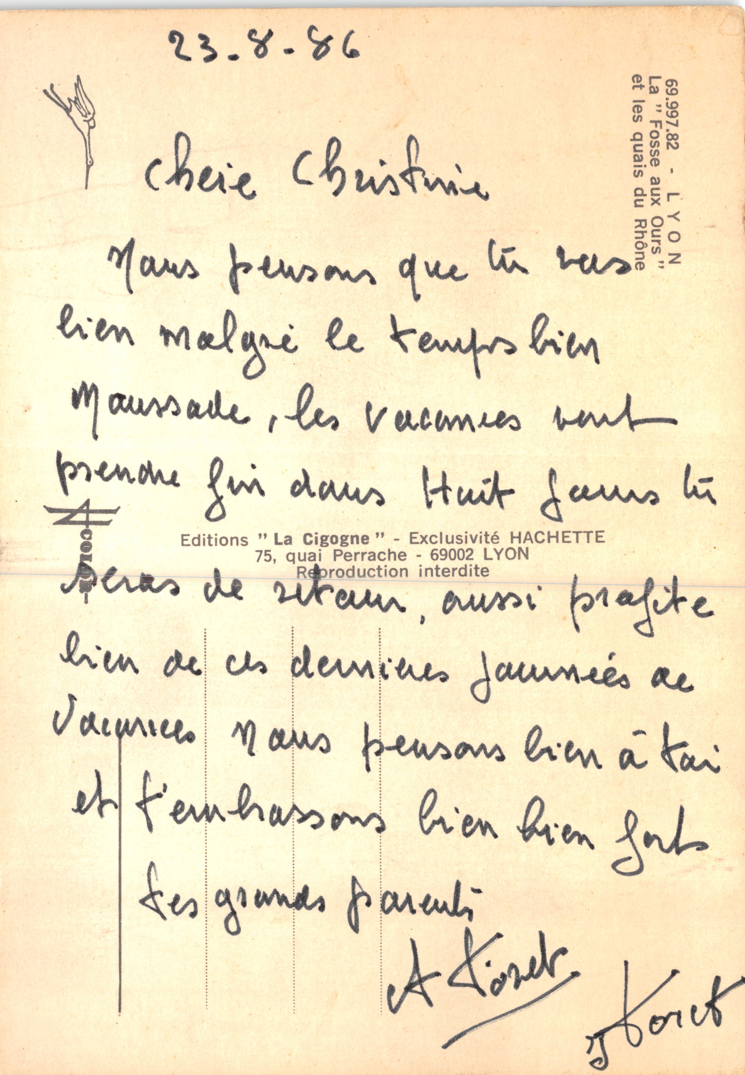Plaats van de Rhône-kades — panoramisch uitzicht met bloeiende rotonde en brug — Éditions "La Cigogne" — Achterkant