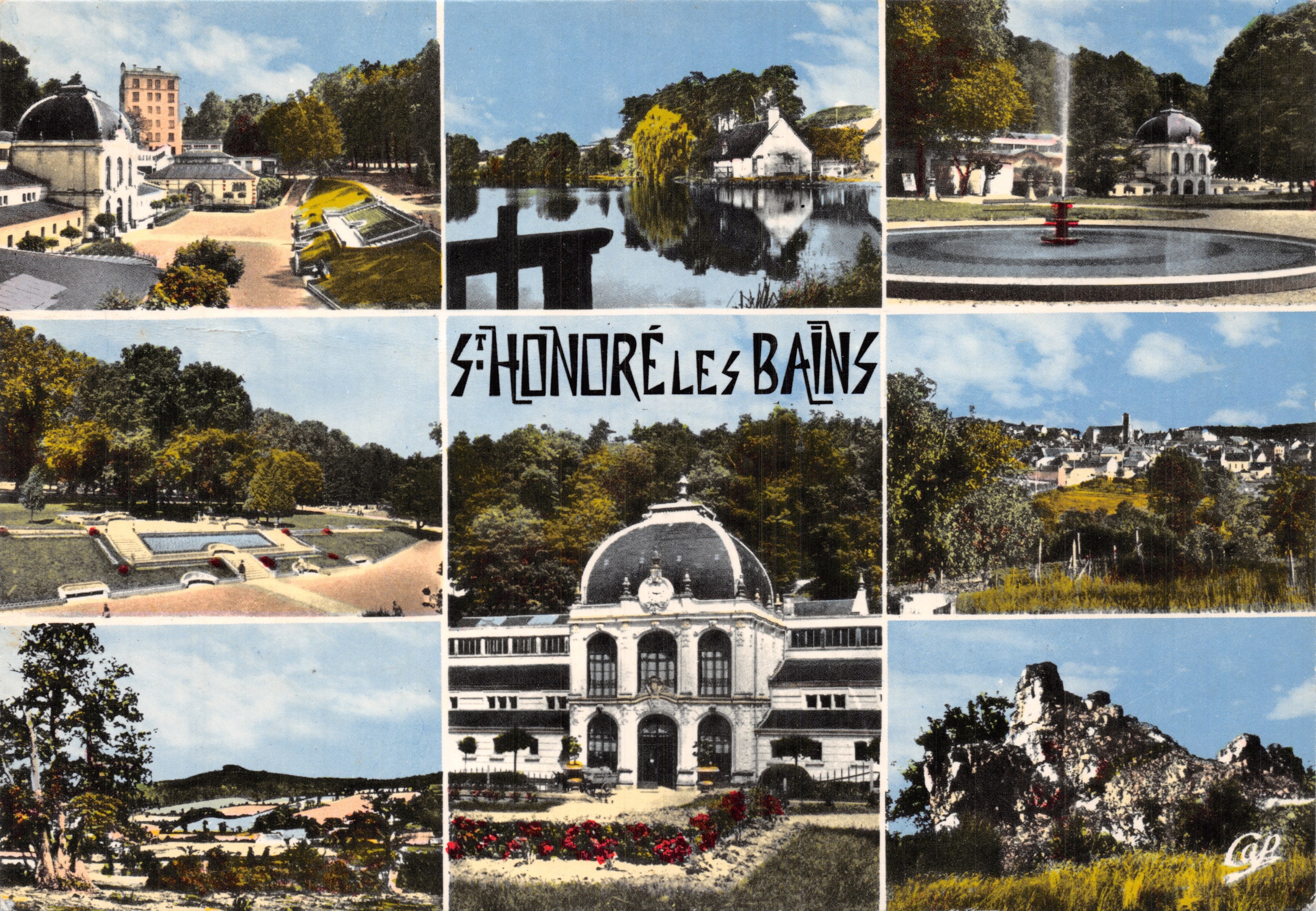 Saint-Honoré-les-Bains — panoramische weergave met thermaal gebouw en fontein — uitgever C. des Arts Photomécaniques, Parijs