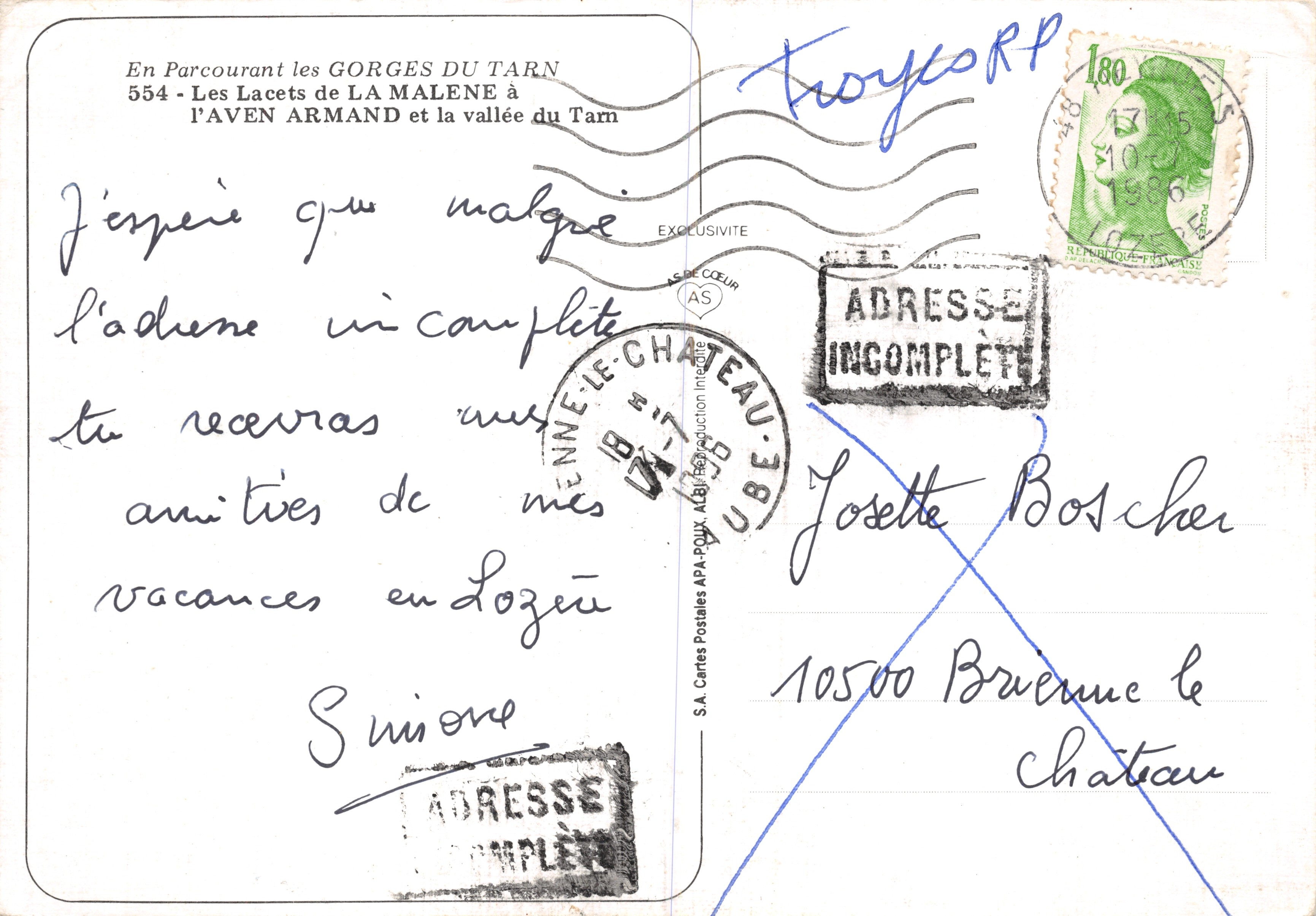 Gorges du Tarn — Los Lacets de La Malène y el Aven Armand — S.A. Cartes Postales APA-POUX — Reverso