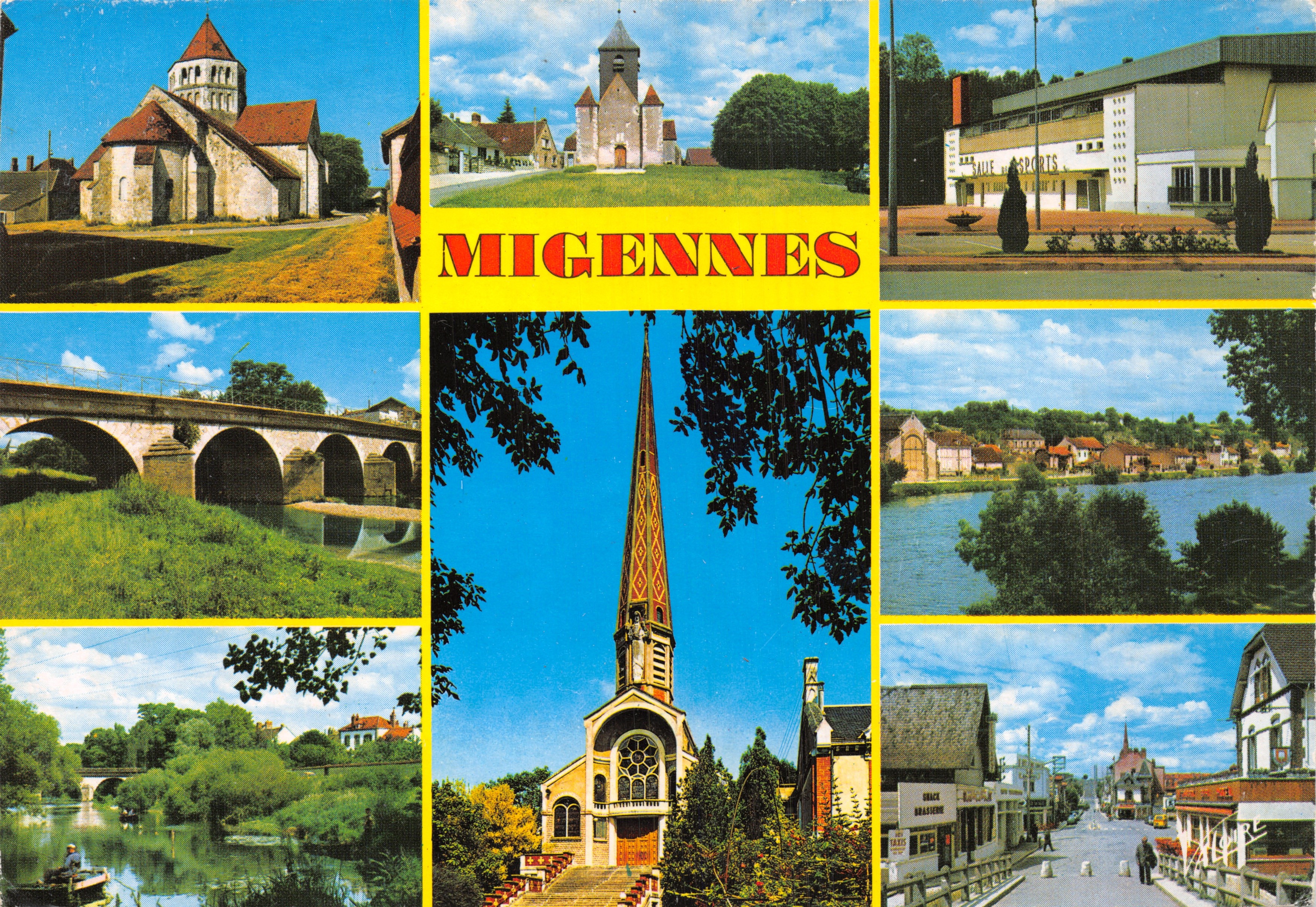 Migennes — vista panorámica con iglesia, puente y pabellón deportivo — Éditions Valoire