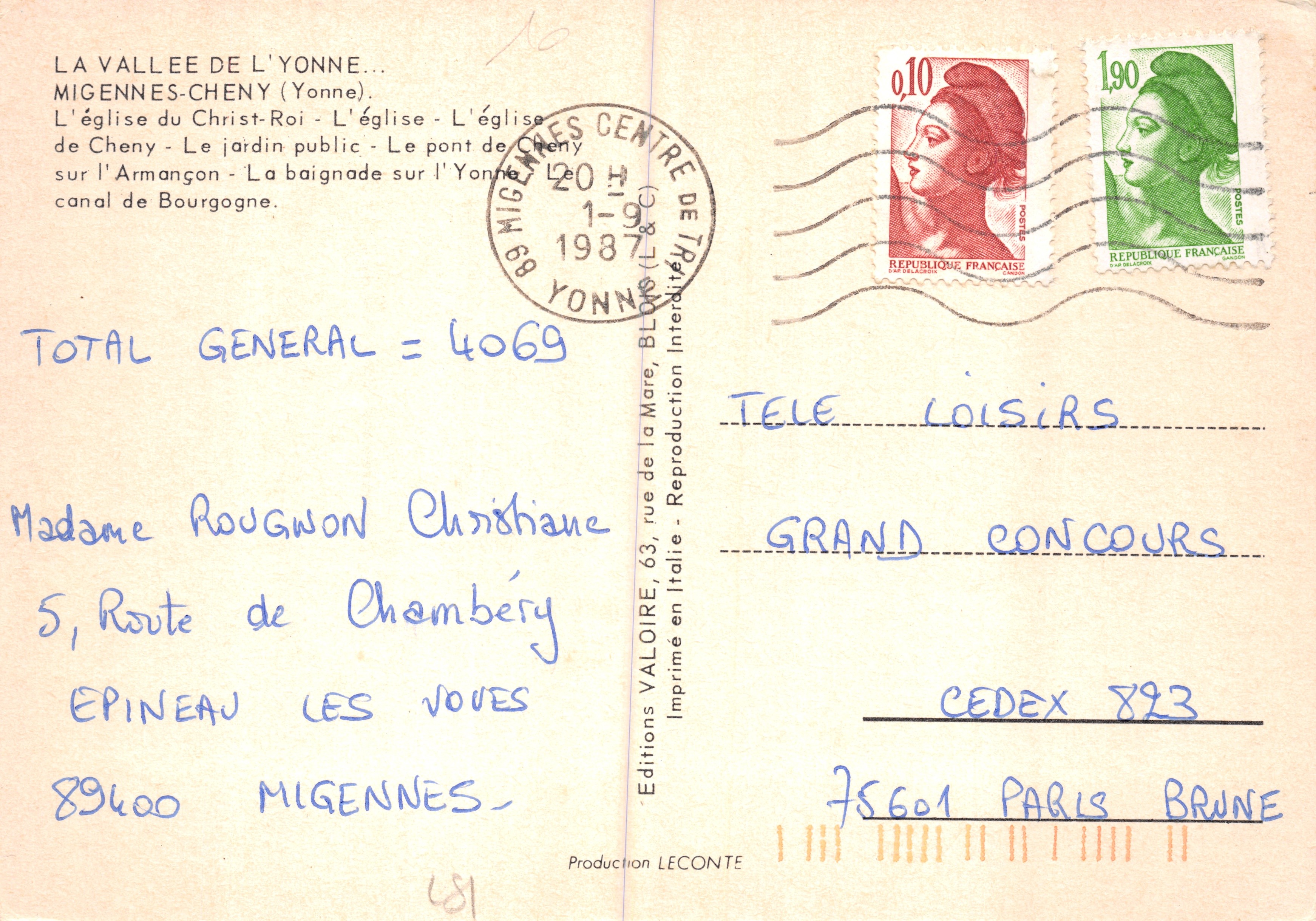 Migennes — vista panorámica con iglesia, castillo y puente — Éditions Valoire — Reverso