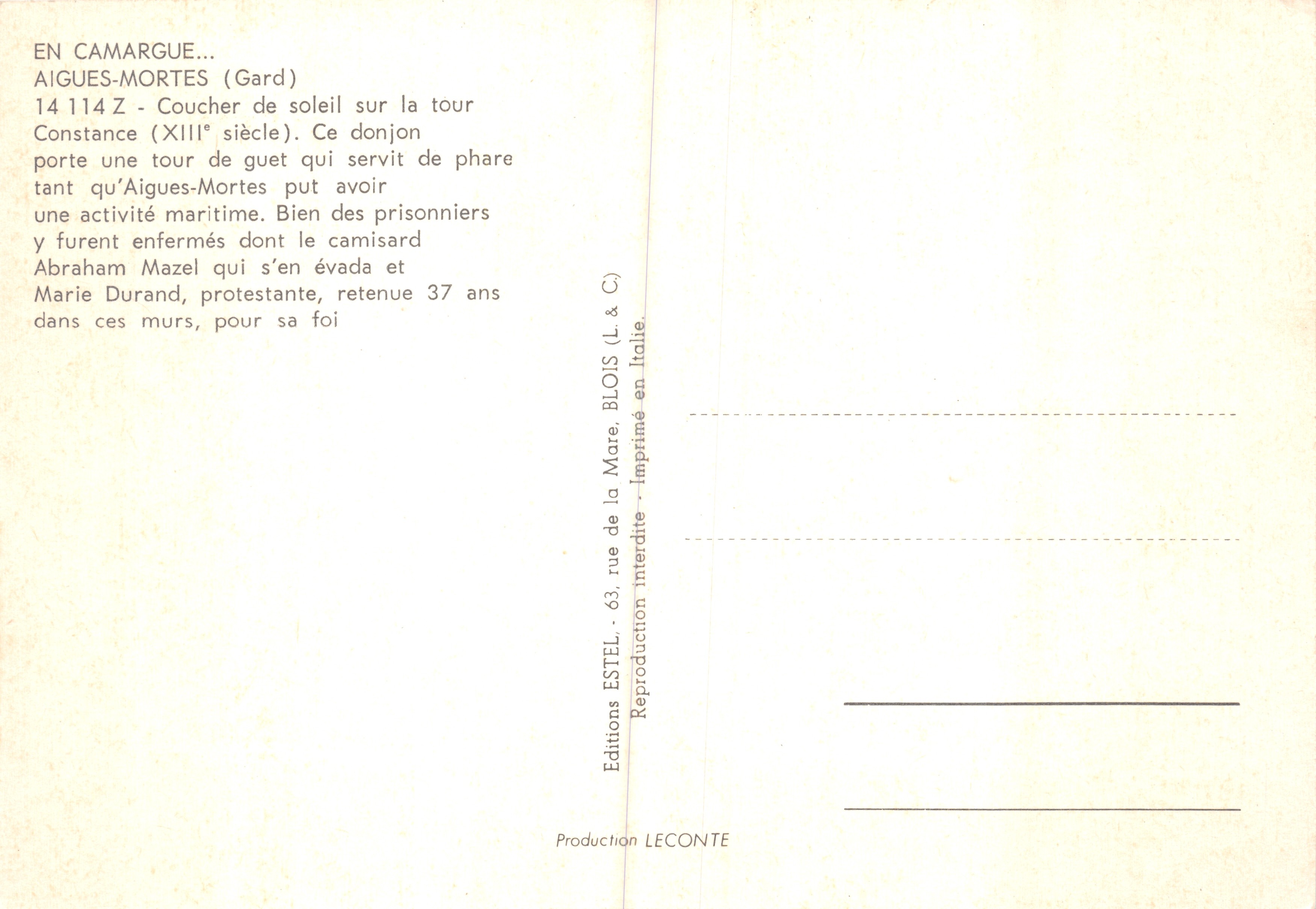 Aigues-Mortes — Sunset over the watchtower (lighthouse) — Publisher Estel — Back