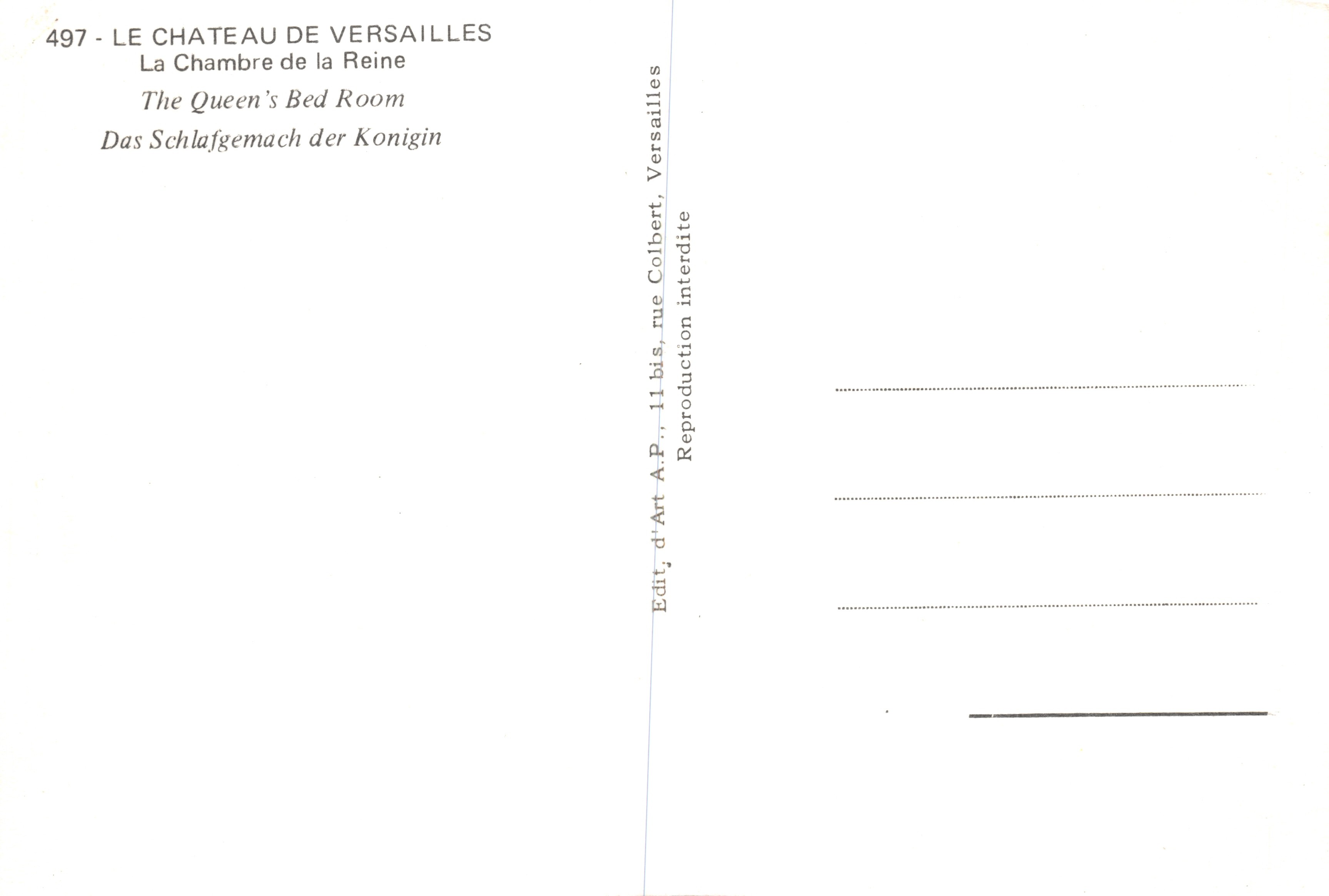 Cámara de la Reina — Sala ricamente decorada con dorados y tapices — Editor A.P. 11 bis, rue Colbert, Versailles, n°497 — Reverso