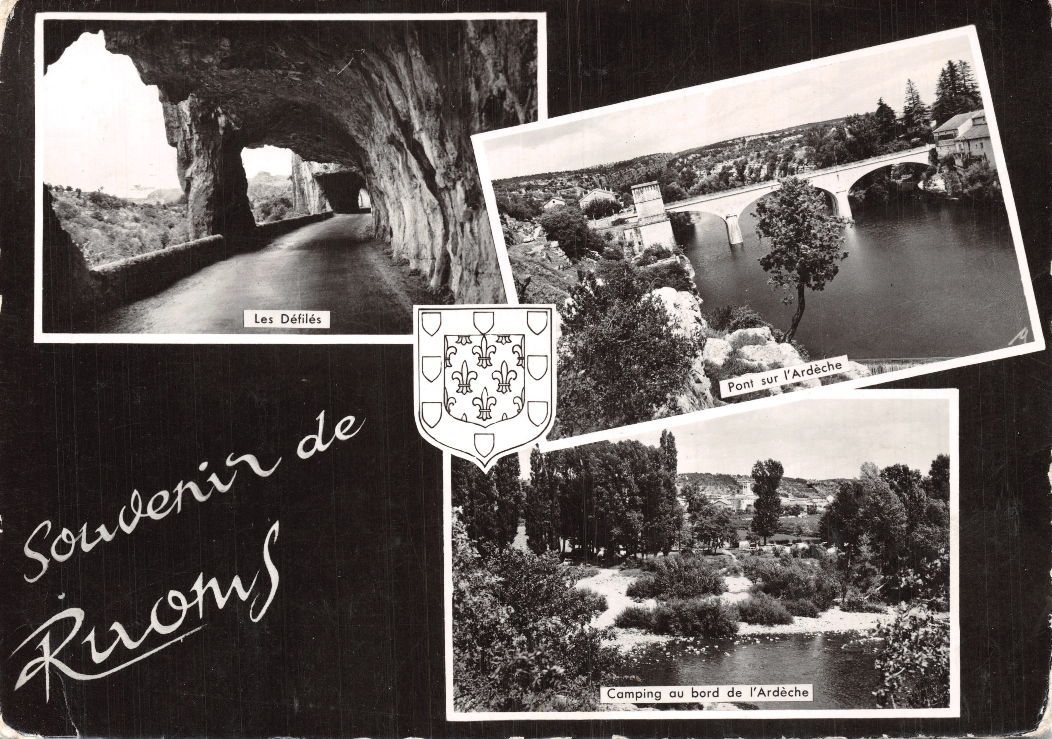 Les Défilés — Pont sur l'Ardèche — Camping au bord de l'Ardèche — Souvenir de Ruoms — éditeur Real-Photo-Cie des Arts Photomécaniques