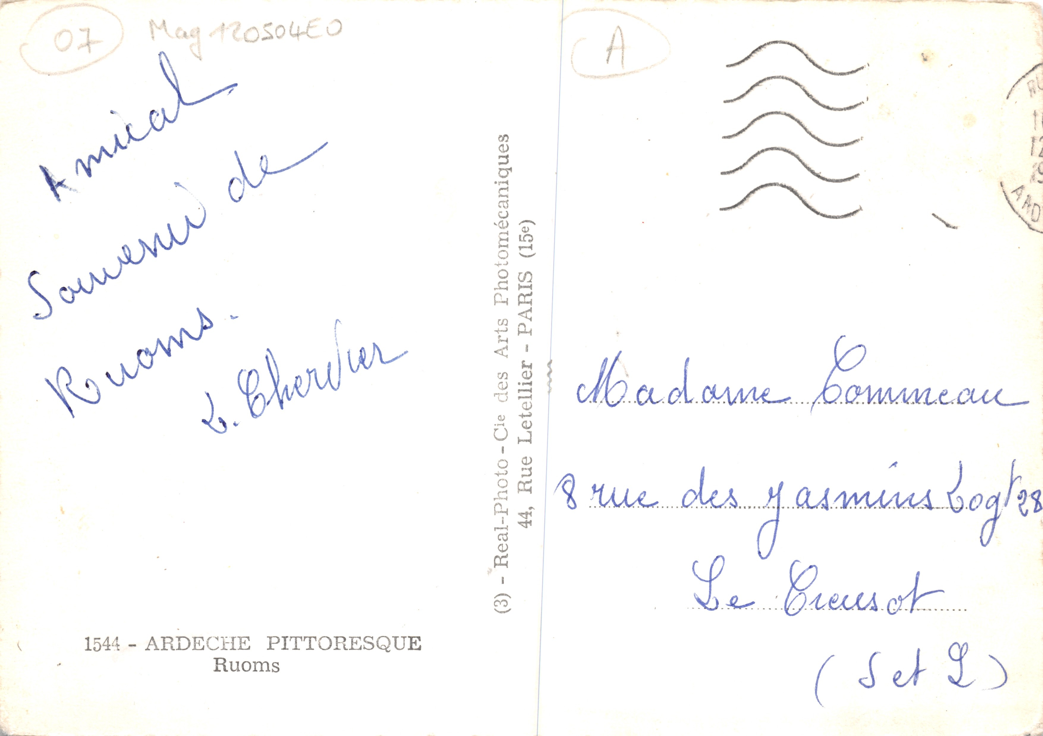 Les Défilés — Pont sur l'Ardèche — Camping au bord de l'Ardèche — Souvenir de Ruoms — éditeur Real-Photo-Cie des Arts Photomécaniques — Reverso