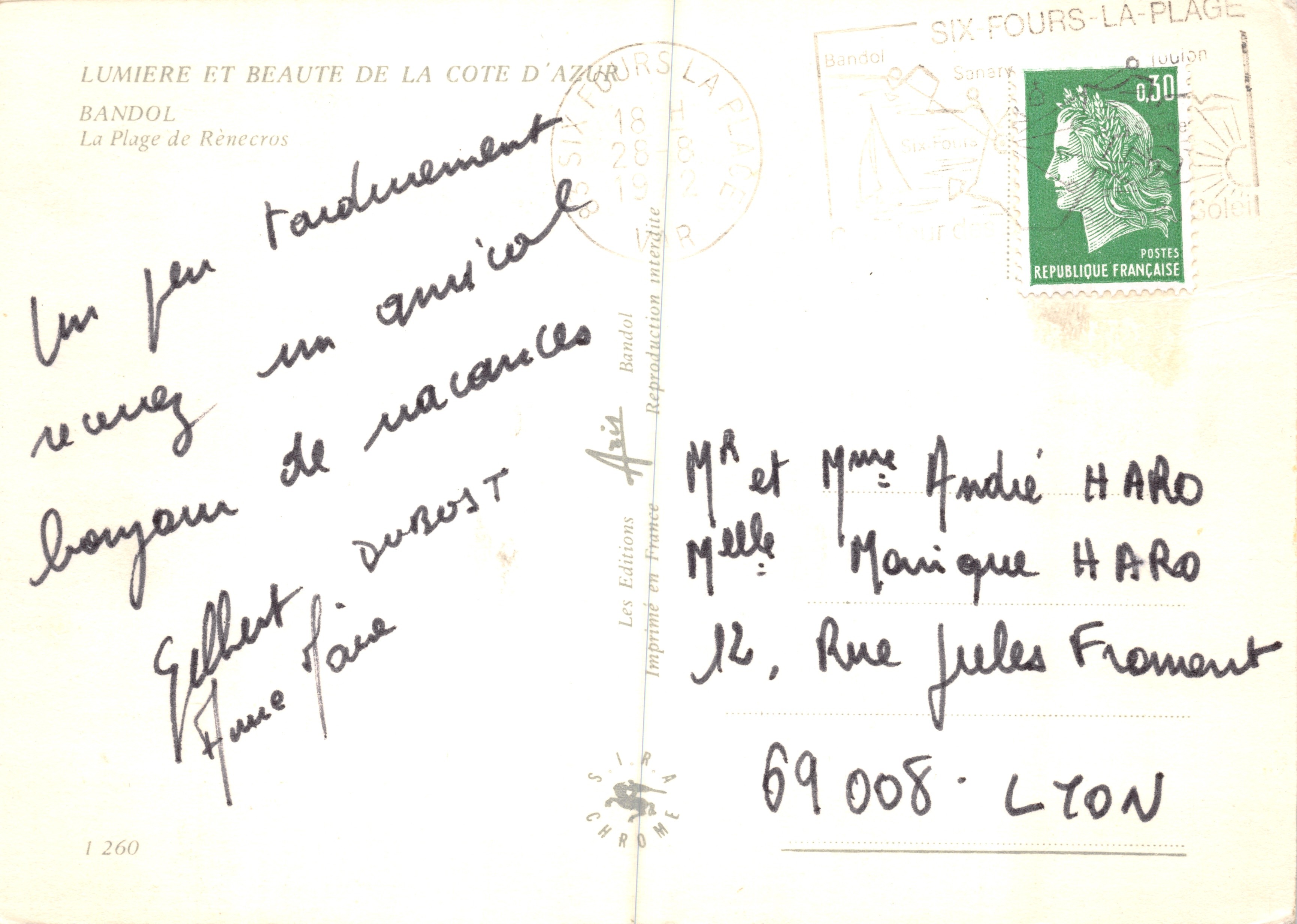 Playa de Rénecros — Bandol — Editions en France, n° 1260 — Reverso