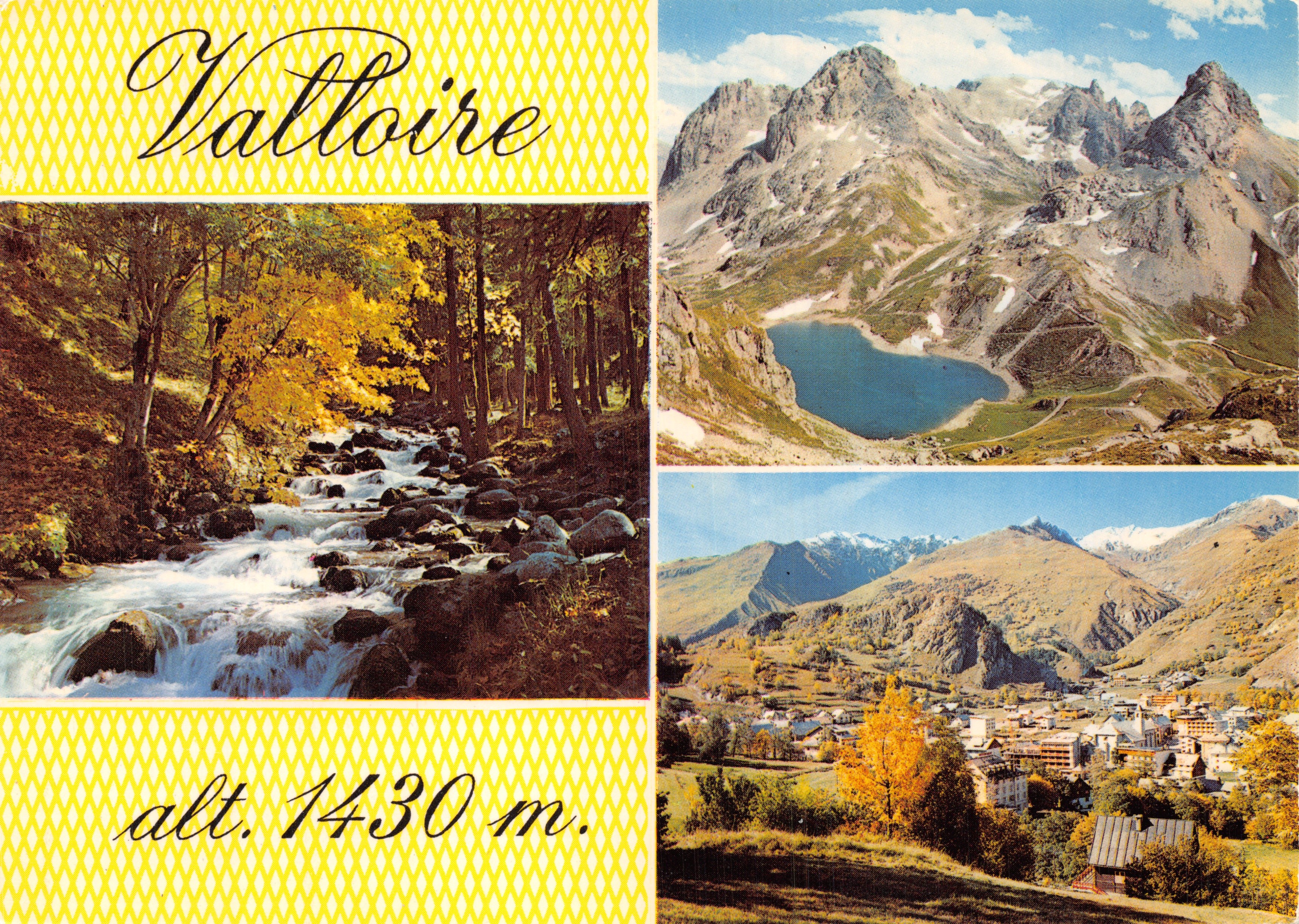 Valloire — Panoramablick mit See, Herbstwald und Dorf — Éditions E. Grange