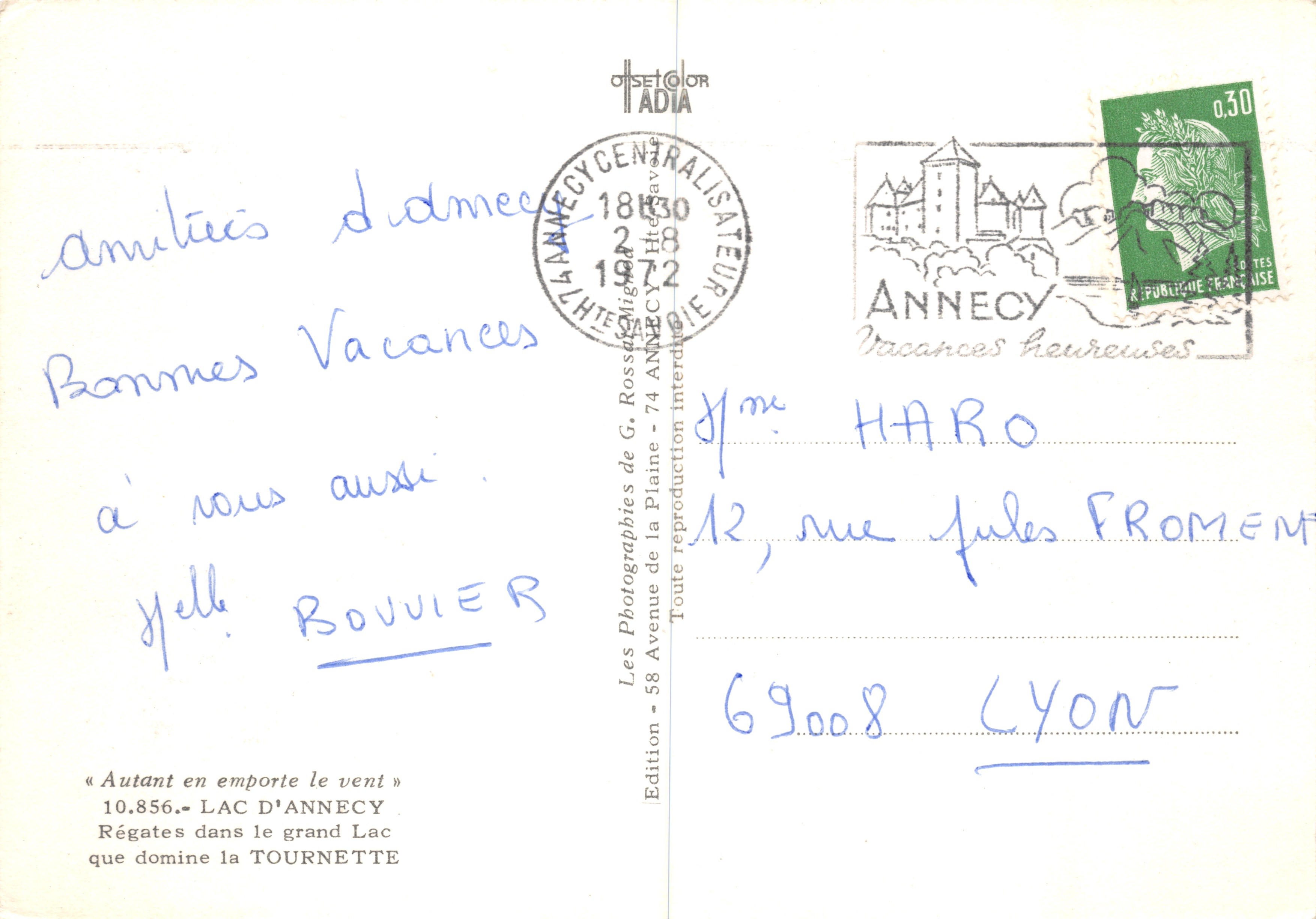 Lago d'Annecy — Regate sul grande lago dominato dalla Tournette — Le Fotografie di G. Rossat, Edizione 10.856 — Verso