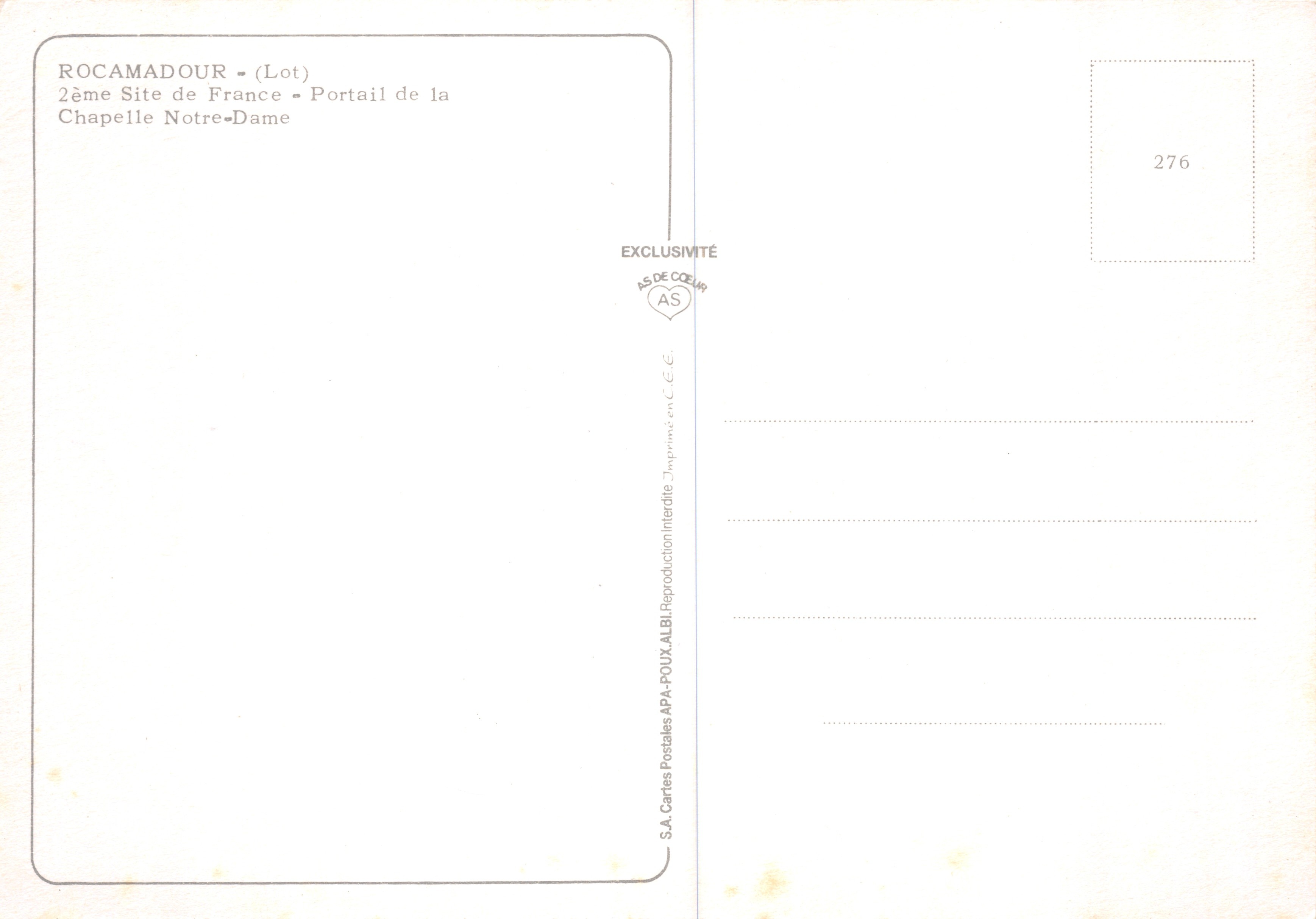 Rocamadour (Lot) — Portale della Cappella Notre-Dame — S.A. Cartes Postales APA-POUX-ALBI — Verso