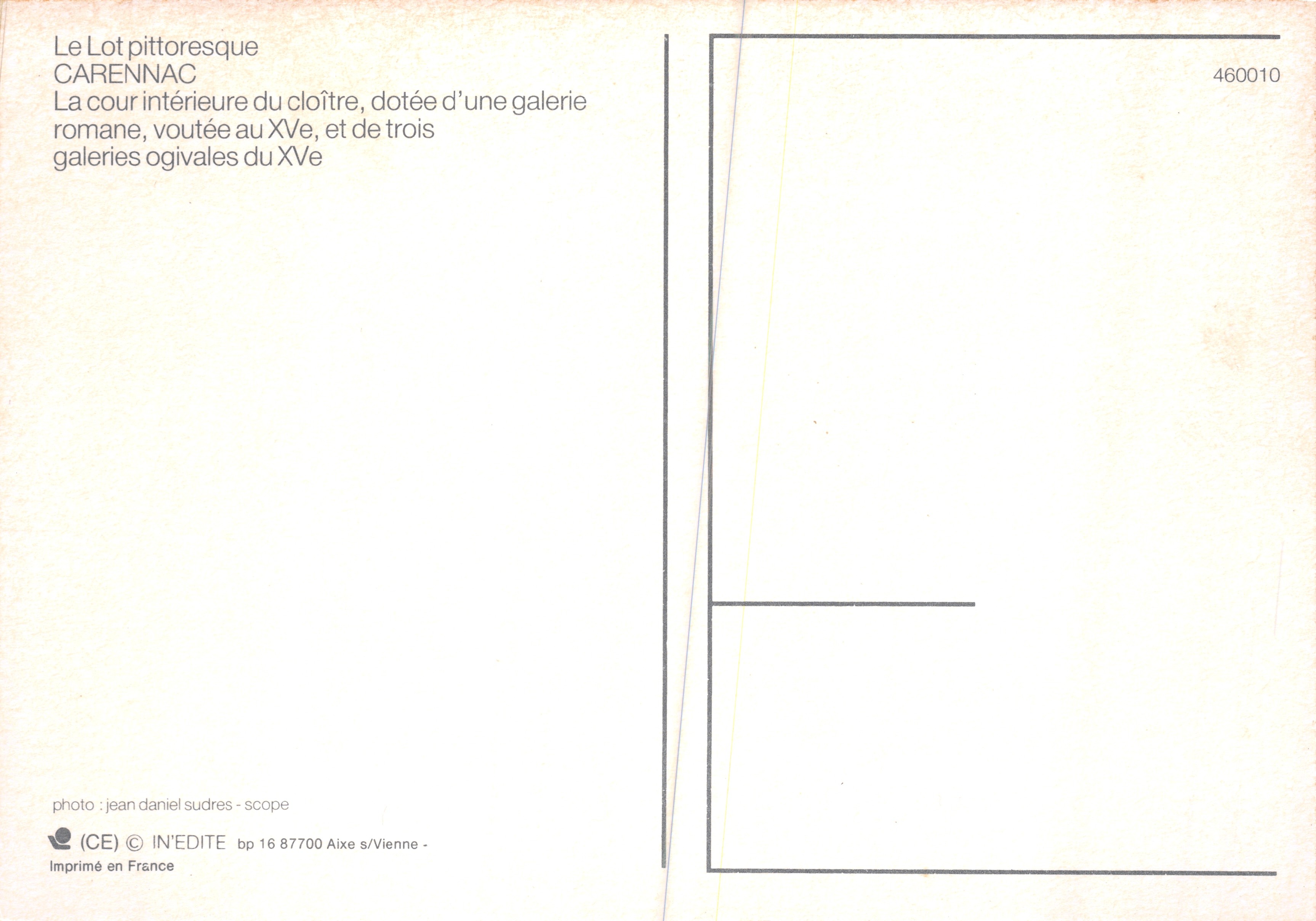 Carenac — Cour intérieure du cloître avec galerie romane et trois galeries ogivales — Imprimé en France, n° 460010 — Verso