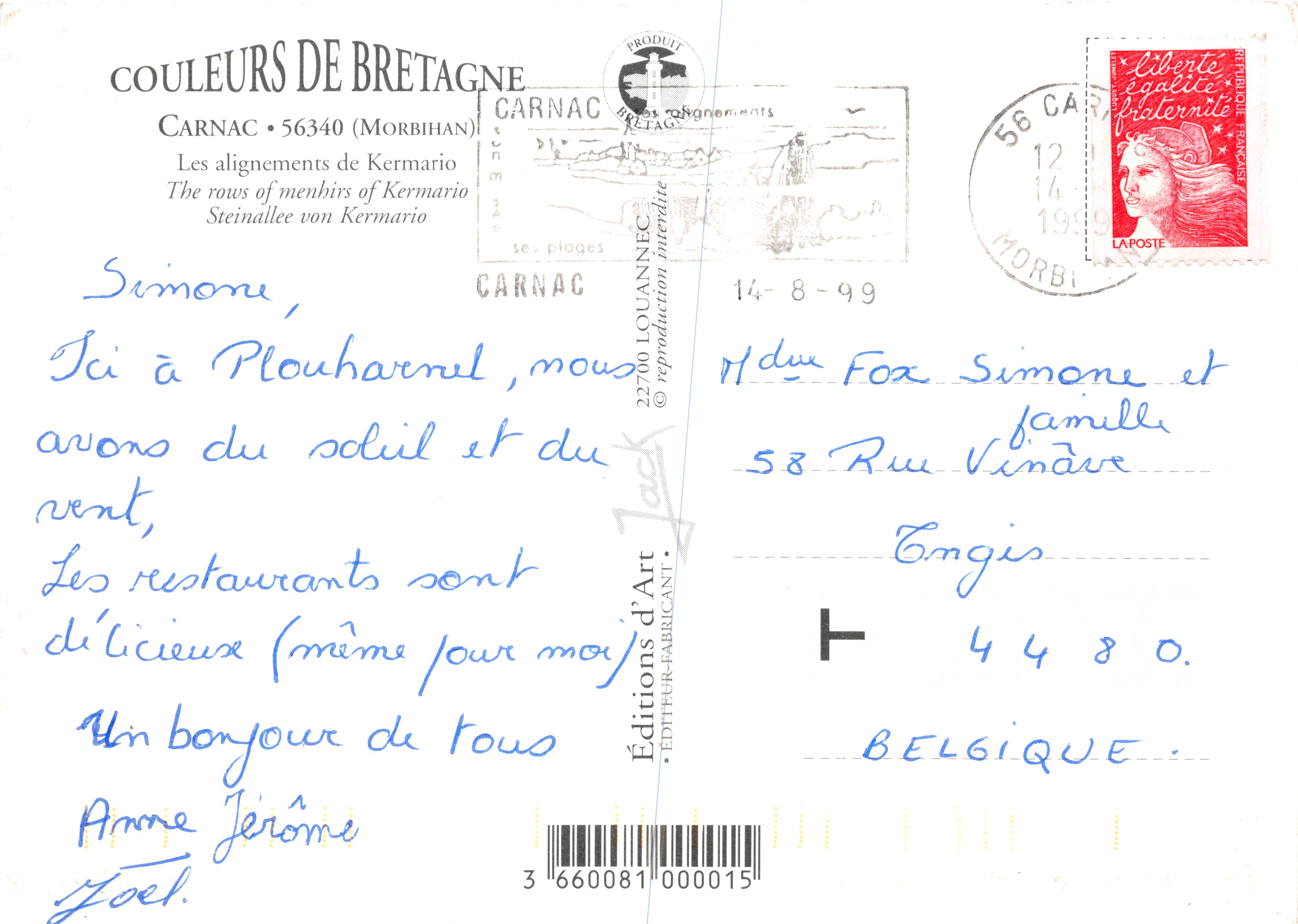 Alineaciones de Kermario — sitio megalítico en Bretaña — Éditions d'Art, n° 000015 — Reverso