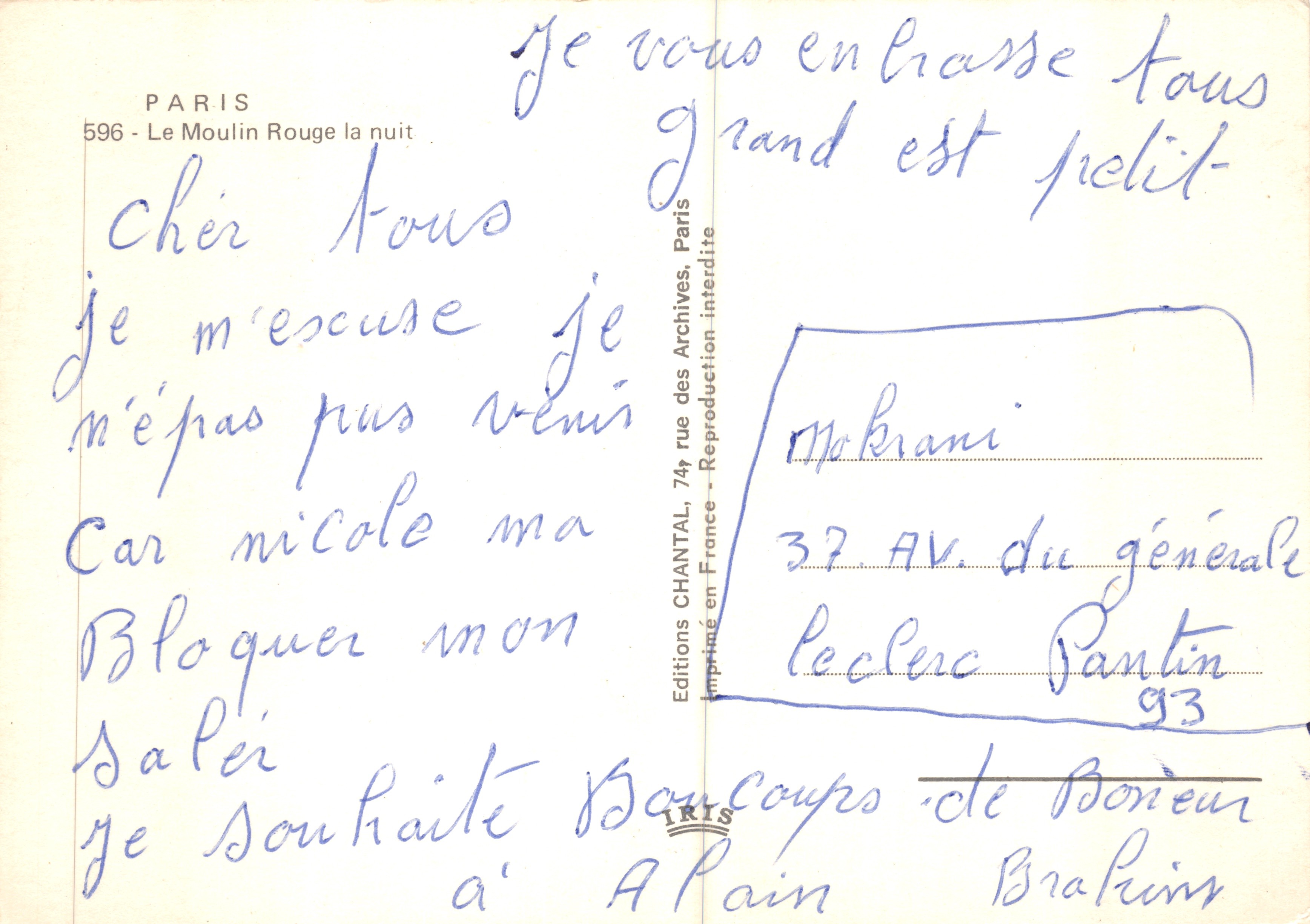 El Molino Rojo — escena nocturna con carteles iluminados y coches de la época — Éditions CHANTAL, n.º 596 — Reverso