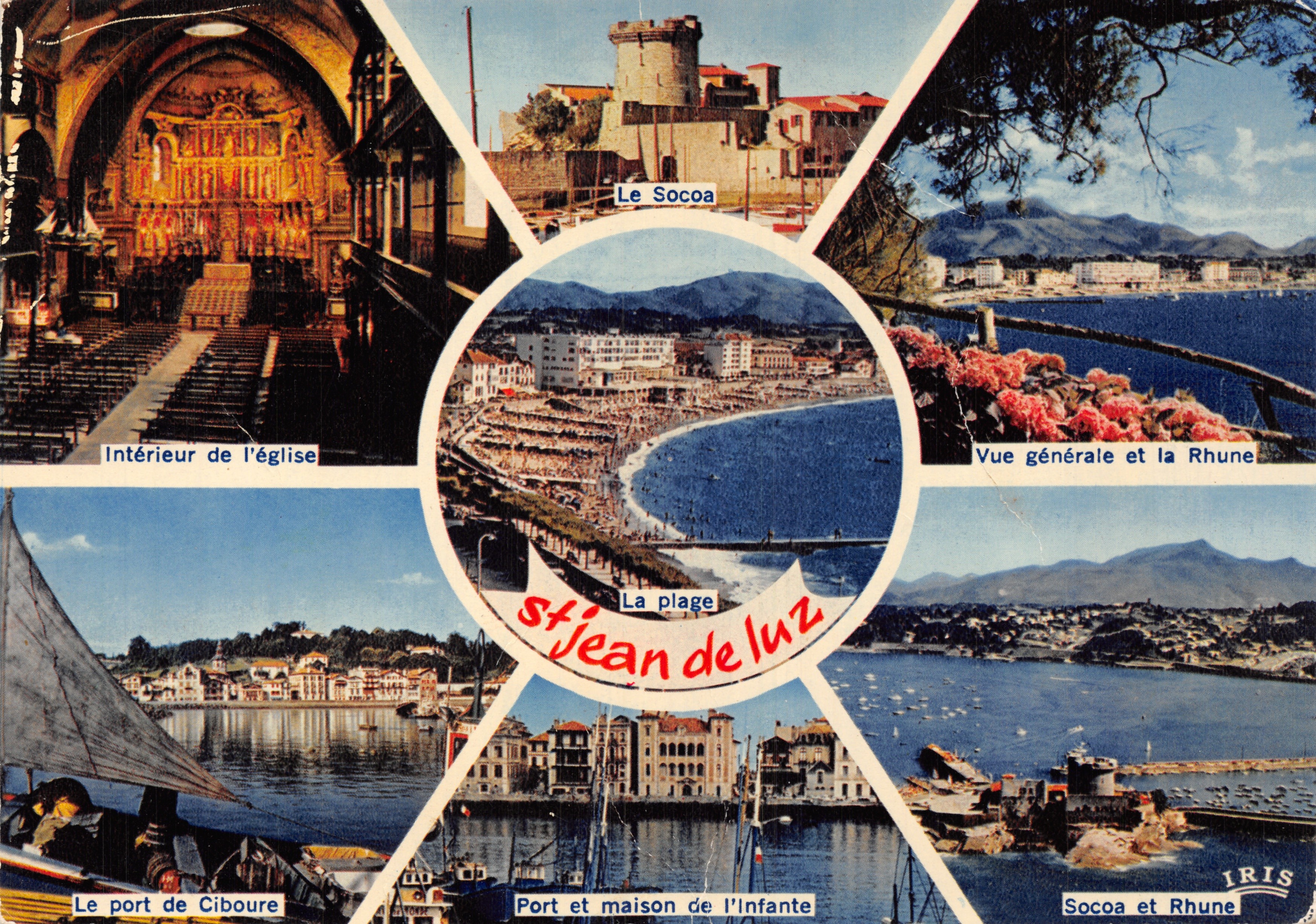 Saint-Jean-de-Luz — Panoramablick mit Kirche, Strand, Hafen und Bergen — Verlag IRIS