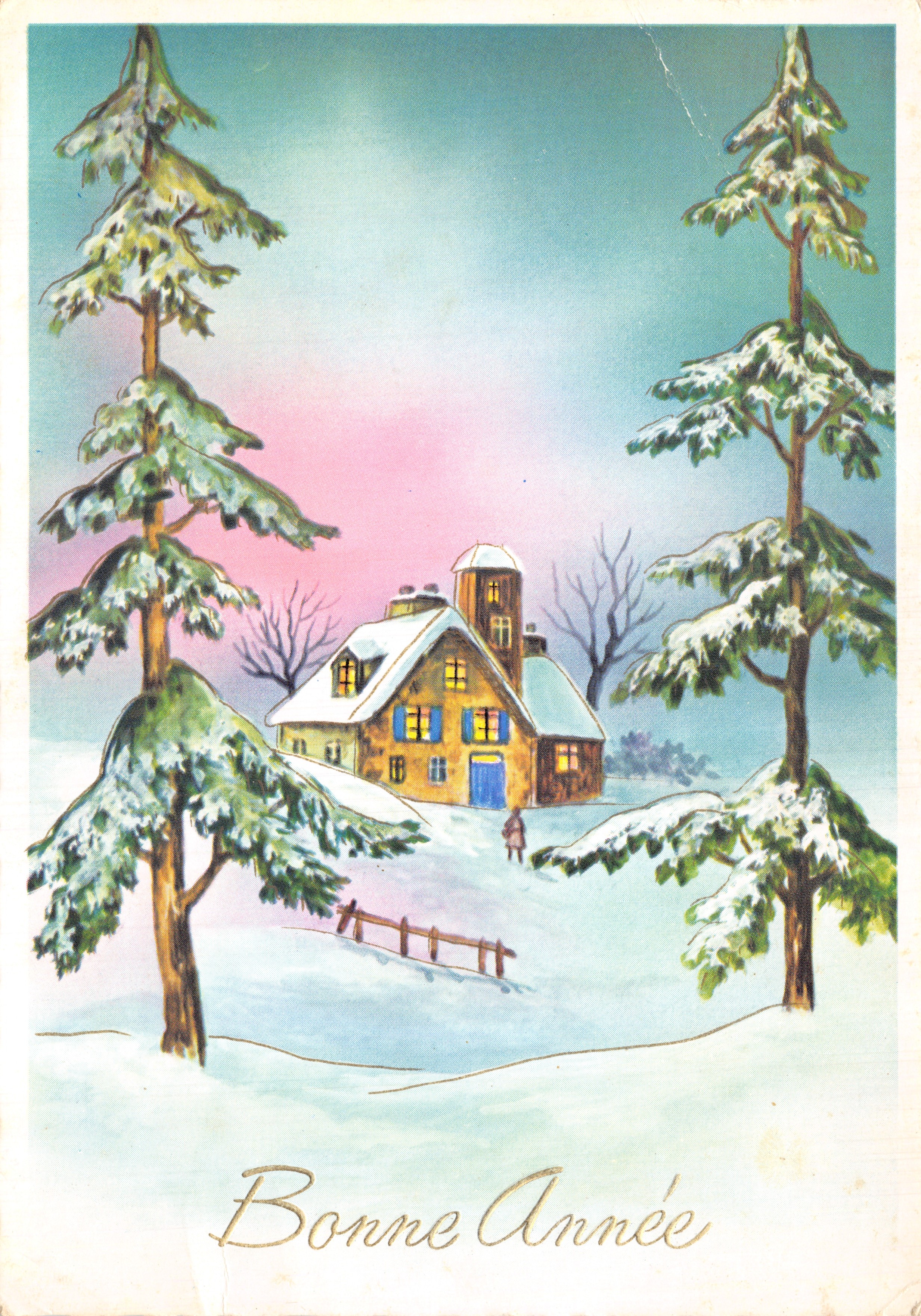 Castillo nevado — escena invernal con casa y pinos — editor: SERIE N° 3001