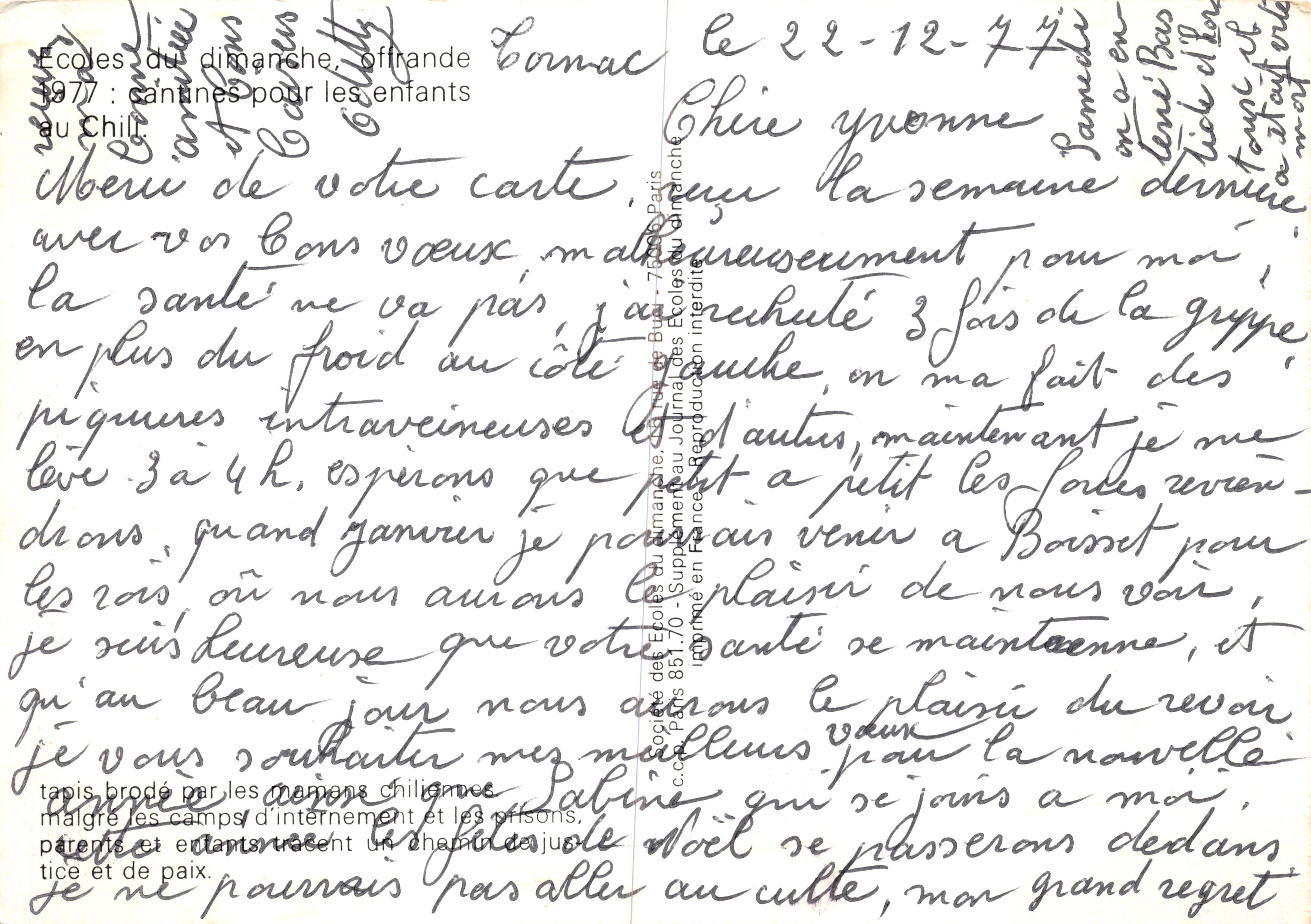 Familie en wit vogel — landschapsgeschilderd — tapijt geborduurd door Chileense vrouwen — Achterkant
