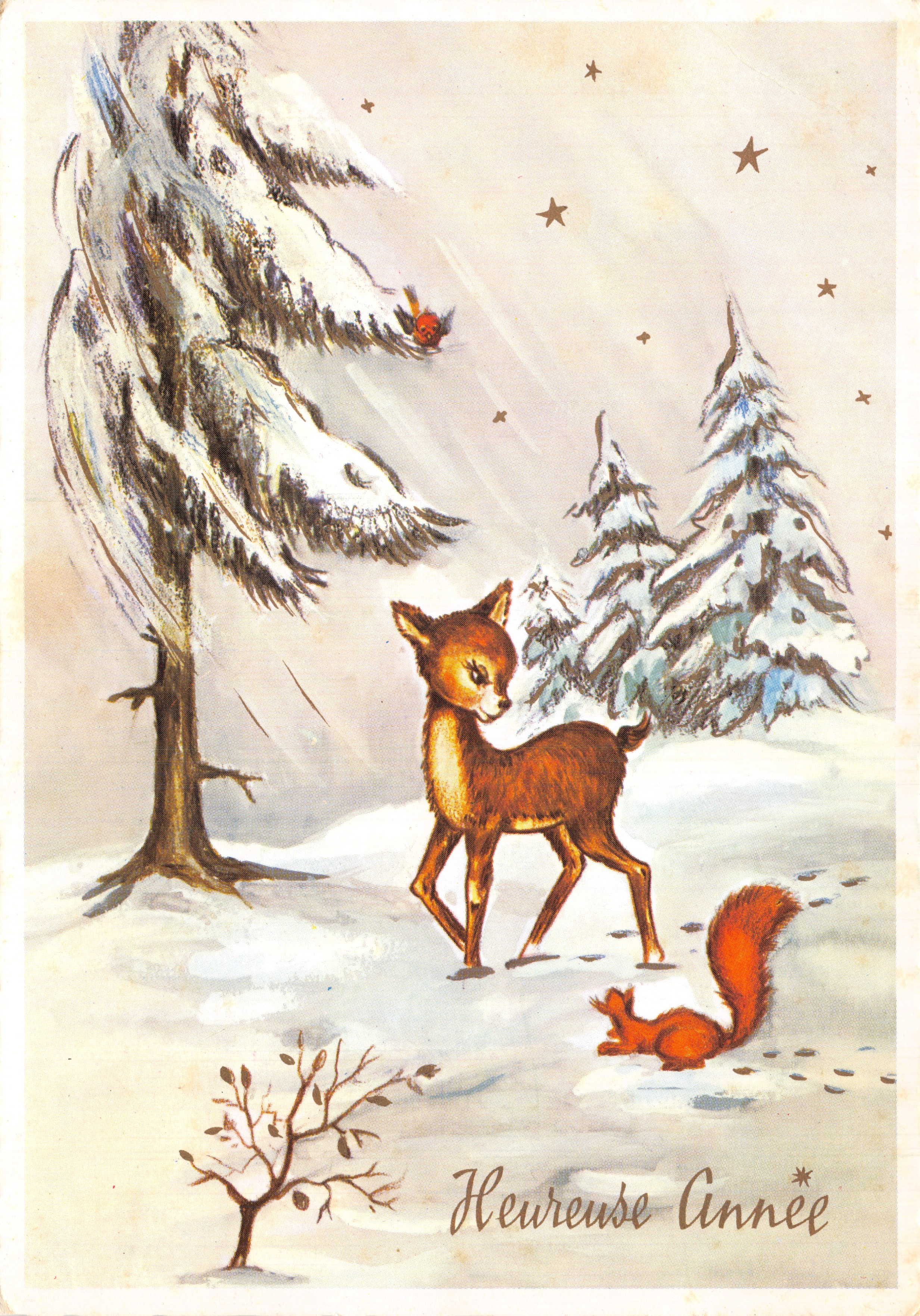 Voss en eekhoorn in de sneeuw — Winterlandschap met gesneeuwde spar — Uitgever AFGEDRUKT OP DE ONGEVELDIGE KANT: M.B. Drukkerij in Frankrijk, serie nr. 8510