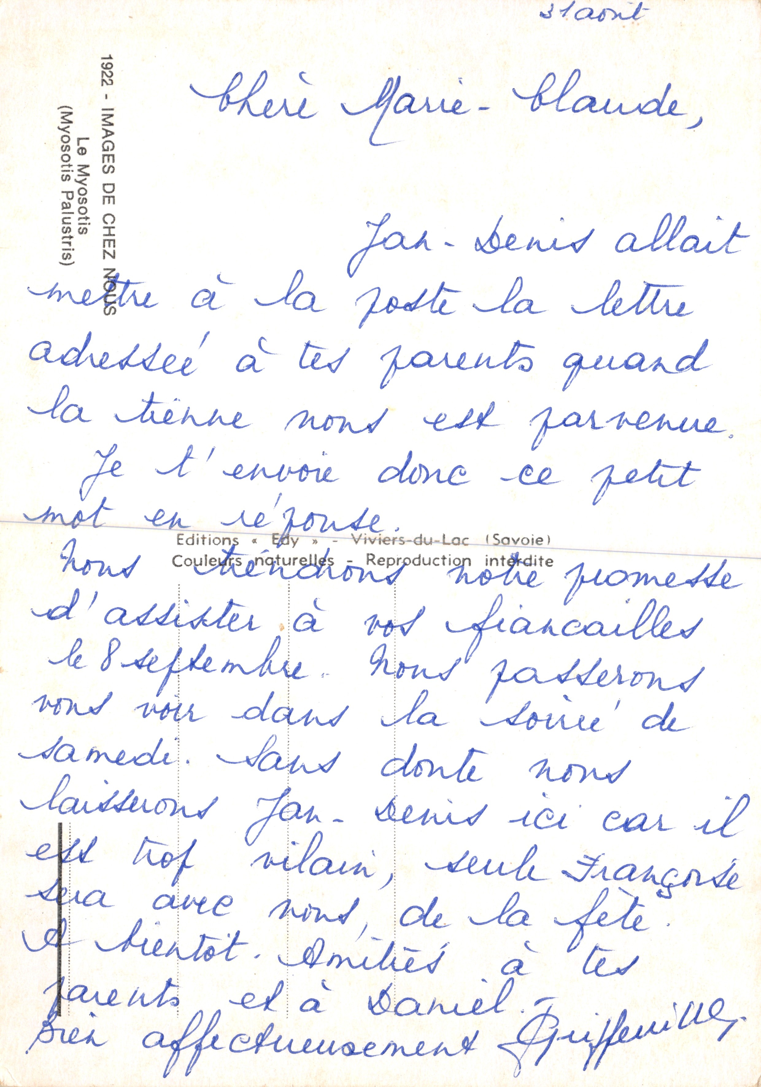 Fiori di non dimenticarmi — vista di fiori blu con testo stampato ripetuto — Editore Edy — Verso