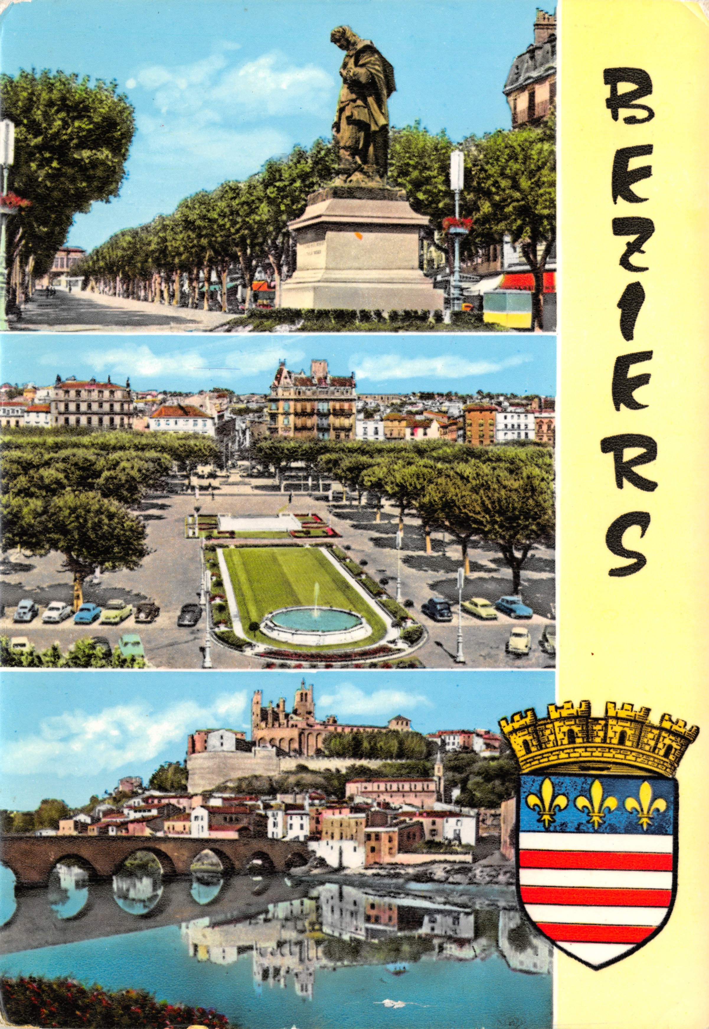 Béziers — Vista panoramica con statua di Riquet, piazza della Citadelle e ponte sull'Orb — Editore Sté des Cartes Postales A.P.A.