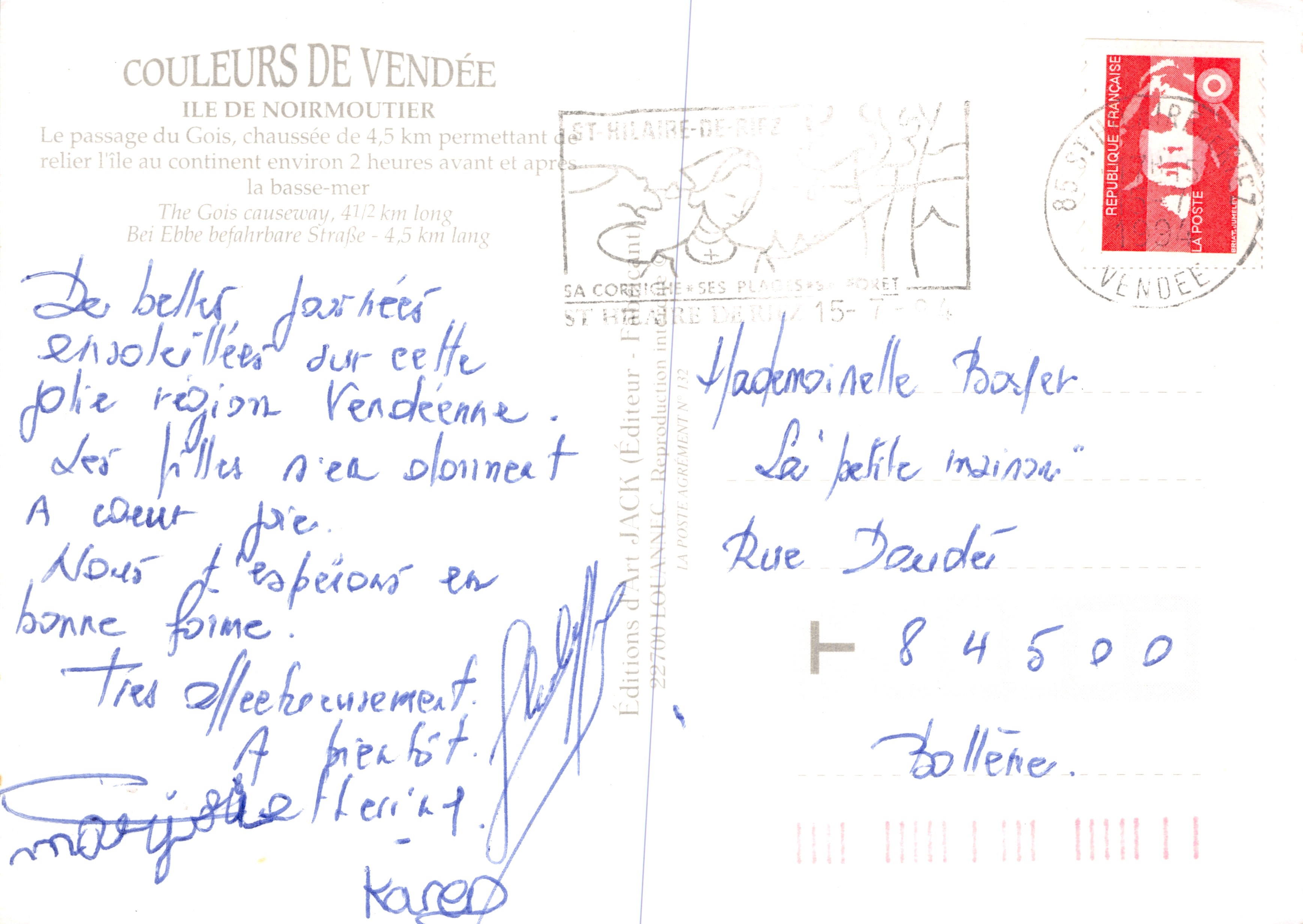 Un saludo desde Noirmoutier — vista del paso del Gois con coche y faro — editor Editions d'Art JACK — Reverso