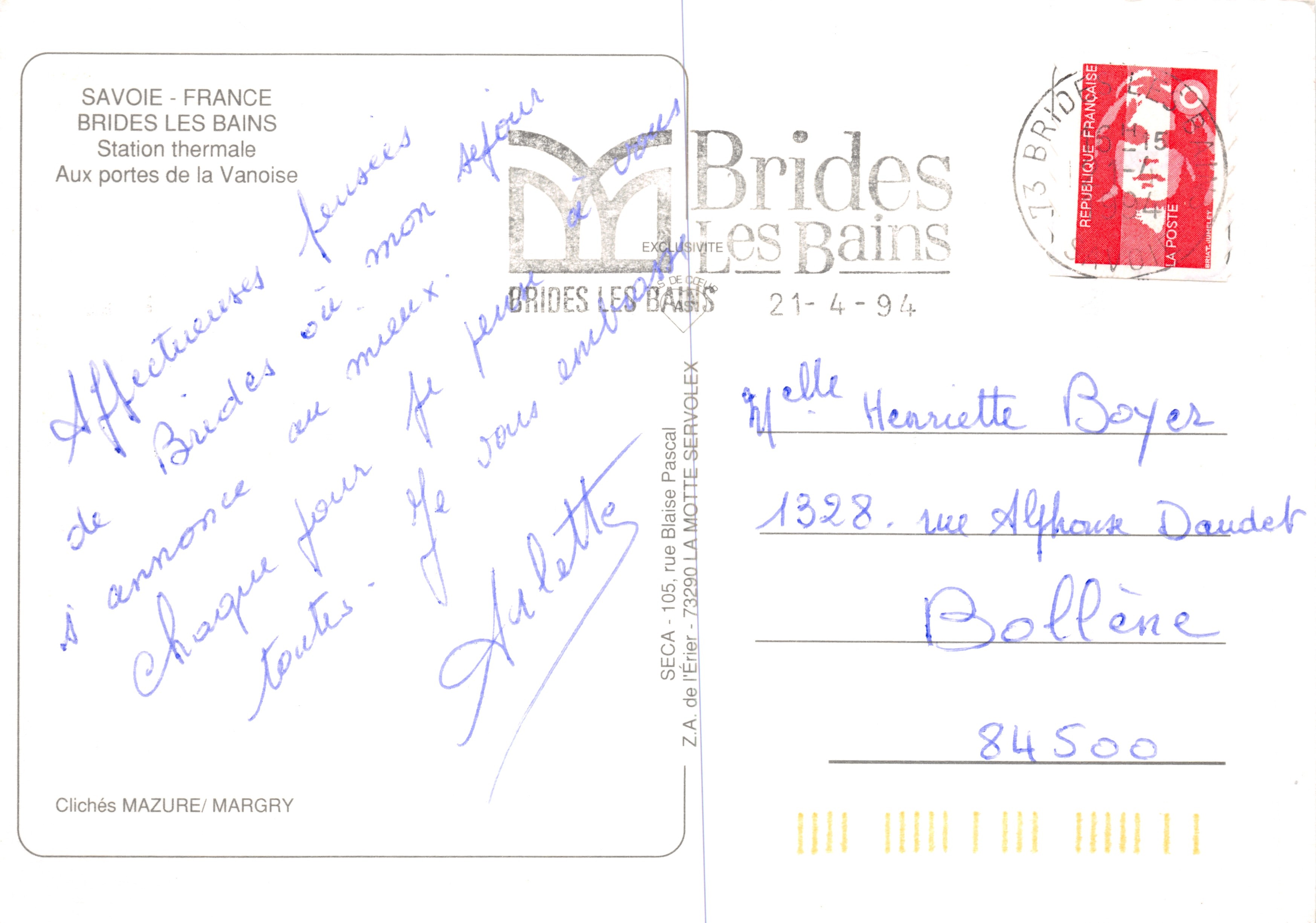 Brides-les-Bains — vista panorámica y edificio termal — editor SECA / MAZURE/MARGRY — Reverso