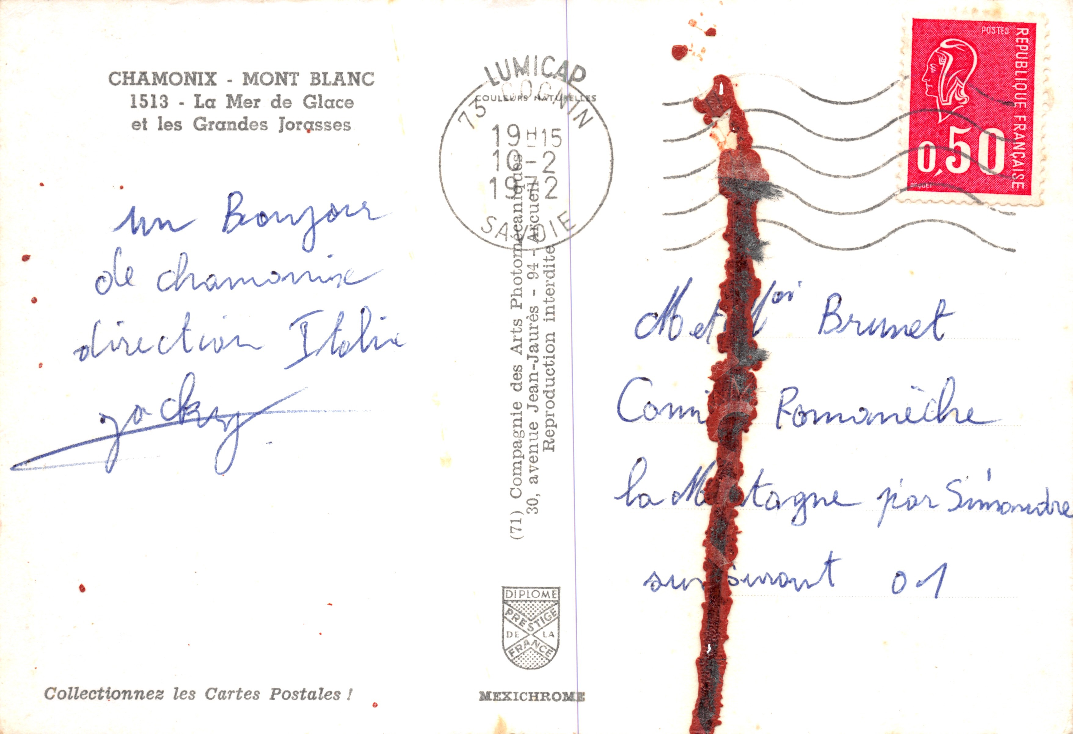 Chamonix - Mont Blanc — La Mer de Glace y las Grandes Jorasses — editor IRIS — Reverso