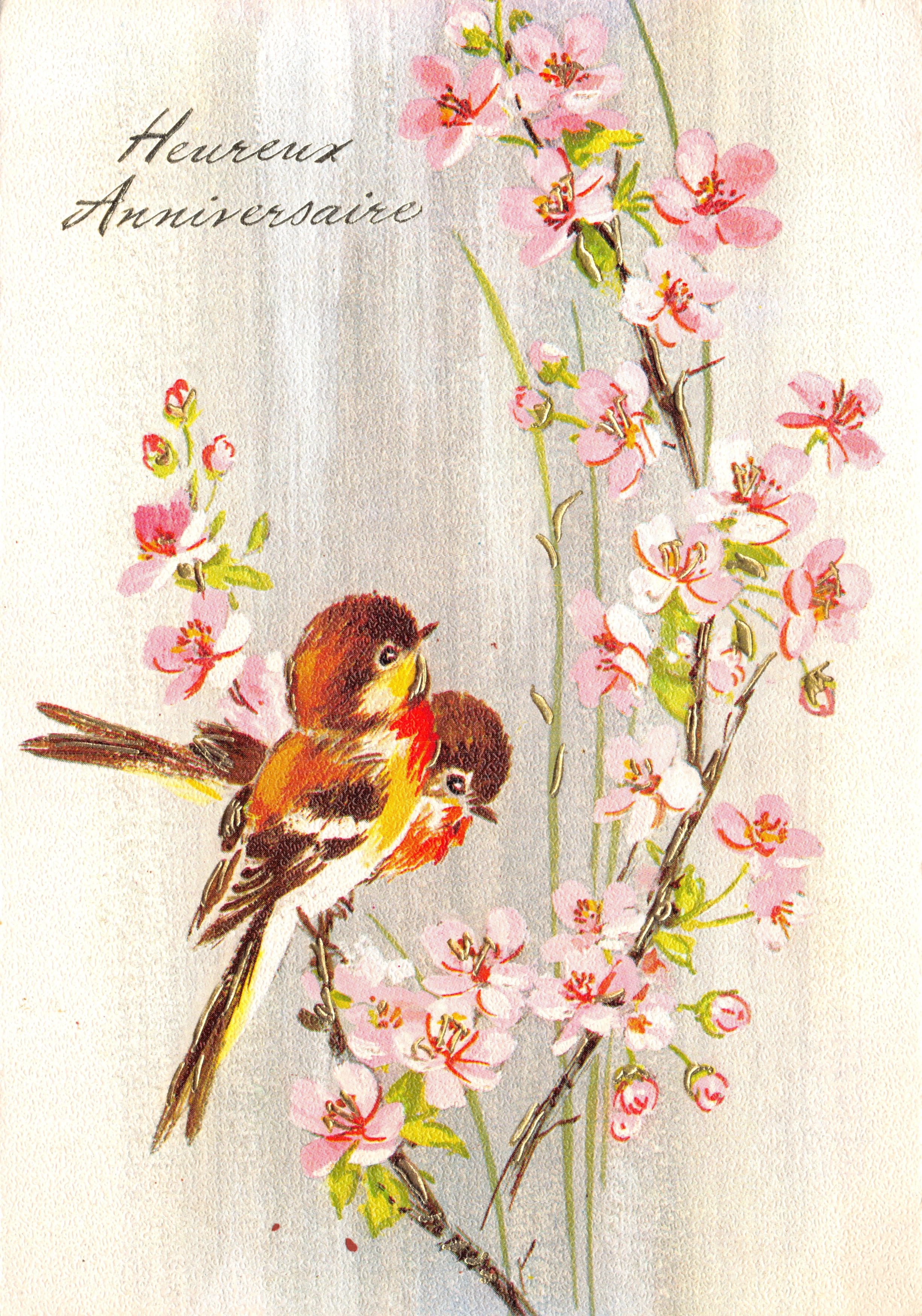 Dos pájaros en rama de cerezo — ilustración — impreso 'Printed in Belgium' y n.º 88863